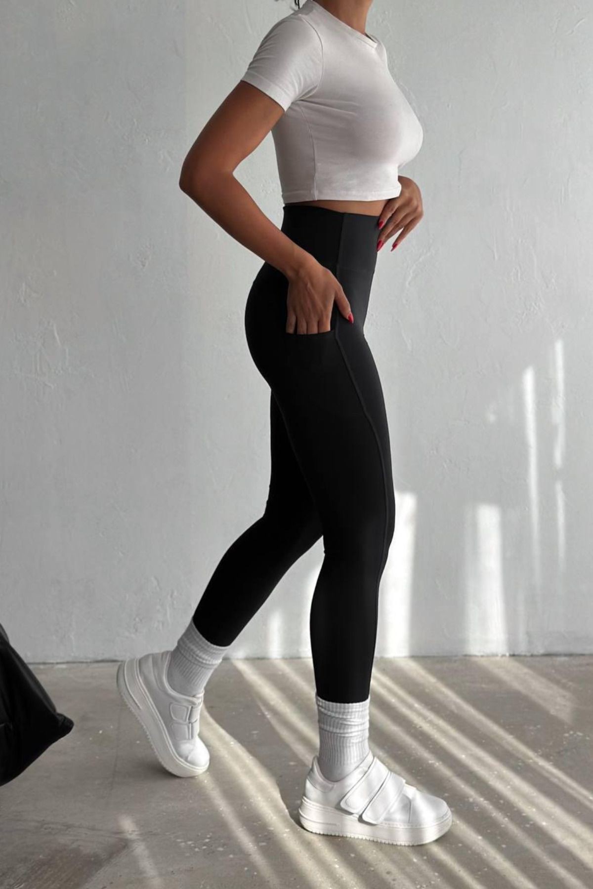 Balenbi Haute Kadın Yüksek Bel Toparlayıcı Çift Cepli Leggings Fitness Tayt 1090 - Siyah