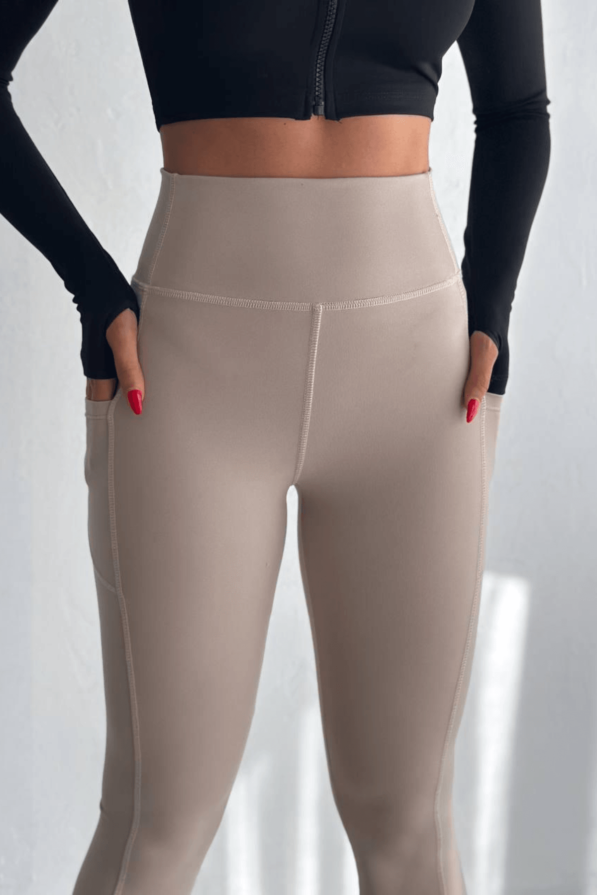 Balenbi Haute Kadın Yüksek Bel Toparlayıcı Çift Cepli Leggings Fitness Tayt 1090 - Bej