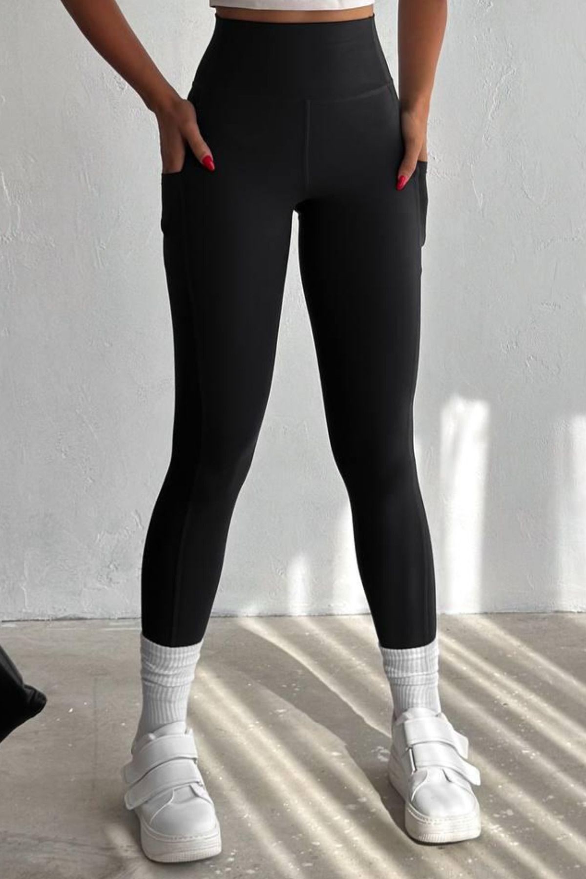 Balenbi Haute Kadın Yüksek Bel Toparlayıcı Çift Cepli Leggings Fitness Tayt 1090 - Siyah