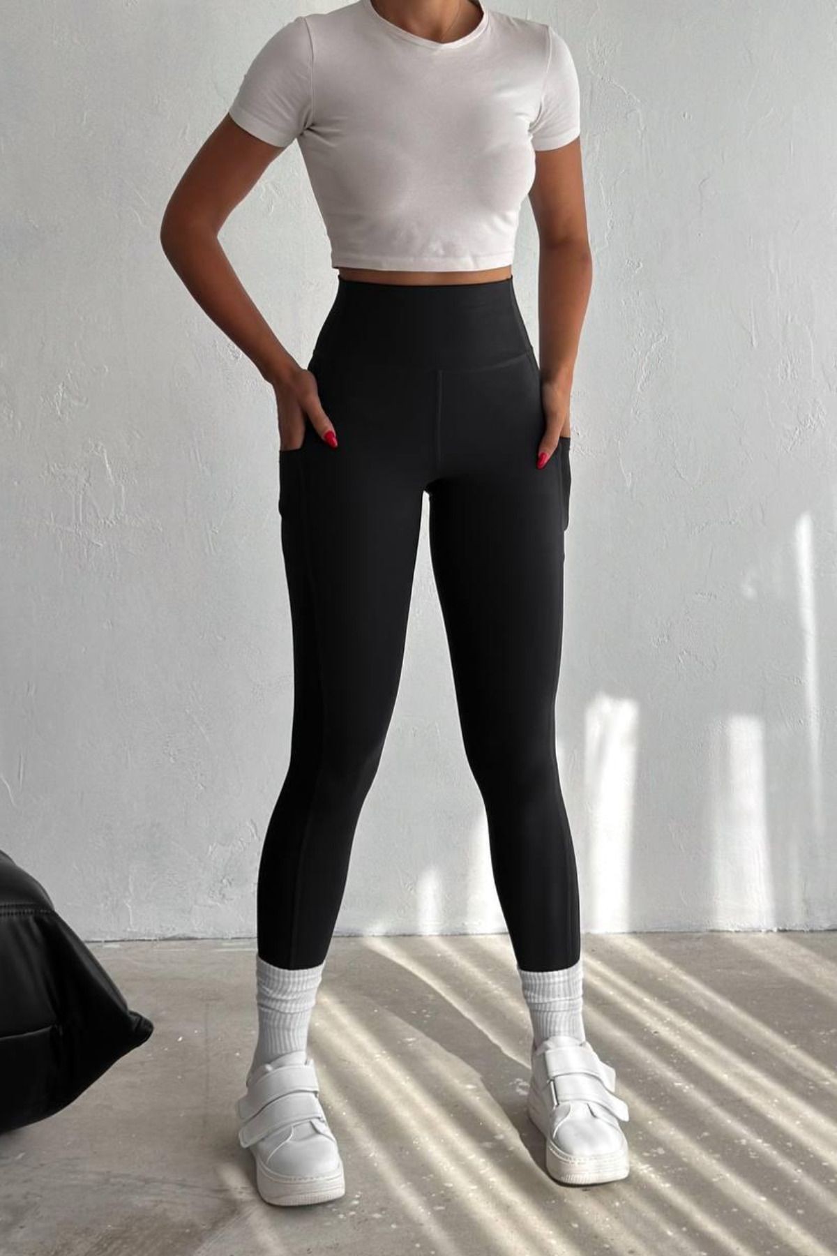 Balenbi Haute Kadın Yüksek Bel Toparlayıcı Çift Cepli Leggings Fitness Tayt 1090 - Siyah