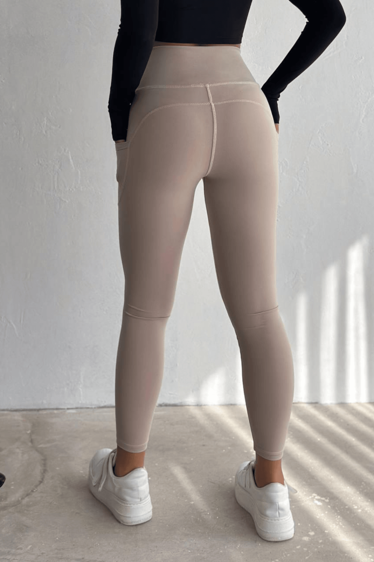 Balenbi Haute Kadın Yüksek Bel Toparlayıcı Çift Cepli Leggings Fitness Tayt 1090 - Bej