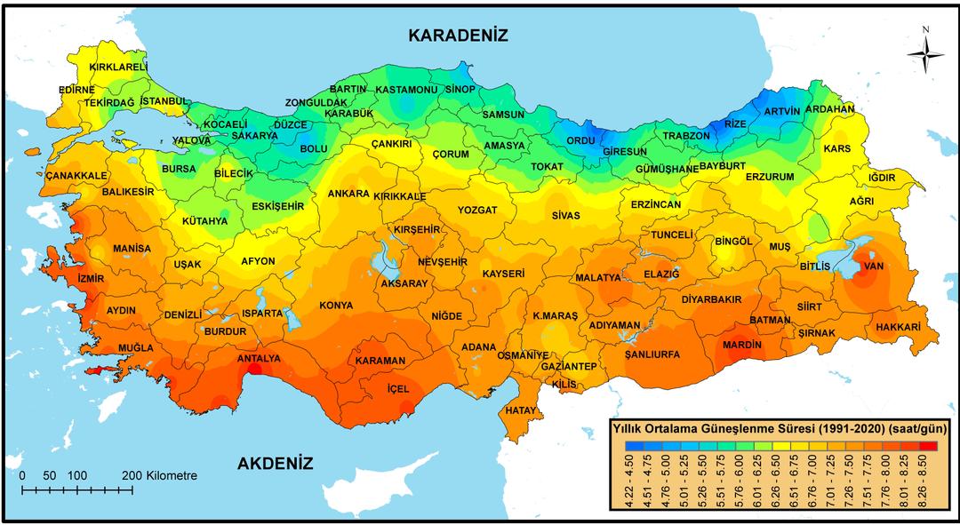 Türkiye ortalama güneşlenme süresi