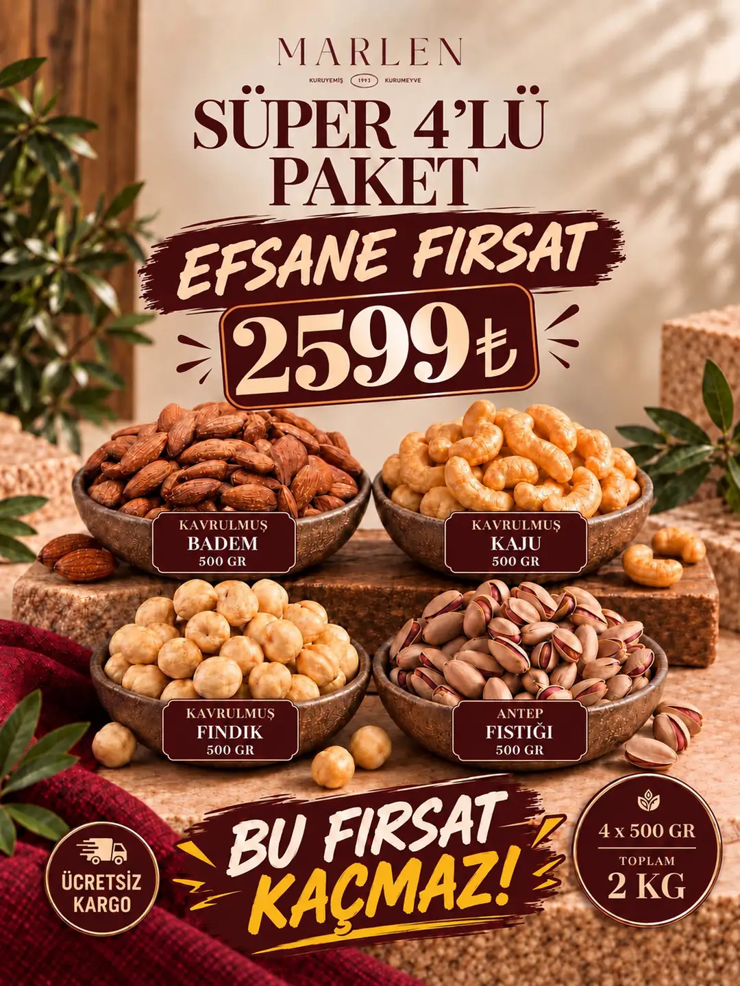 4'LÜ PAKET BADEM-KAJU-FINDIK-FISTIK 2KG