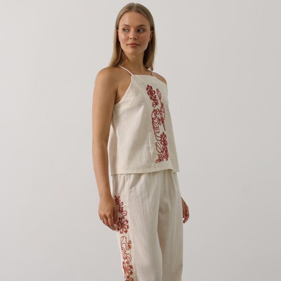 Boncuk İşlemeli Askılı Pantolon Takım