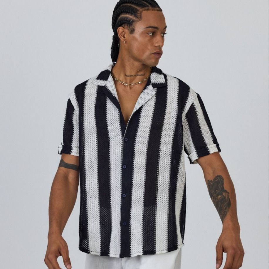 Siyah-Beyaz Blok Çizgili Örgü Dokulu Gömlek