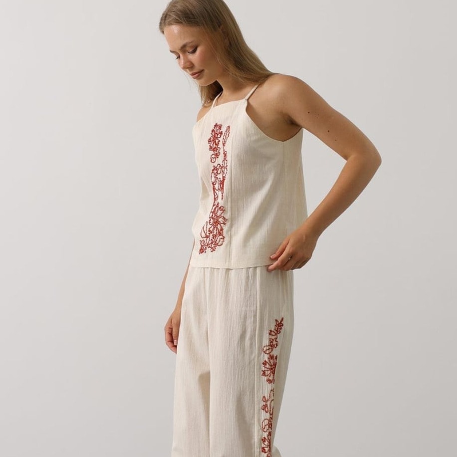 Boncuk İşlemeli Askılı Pantolon Takım