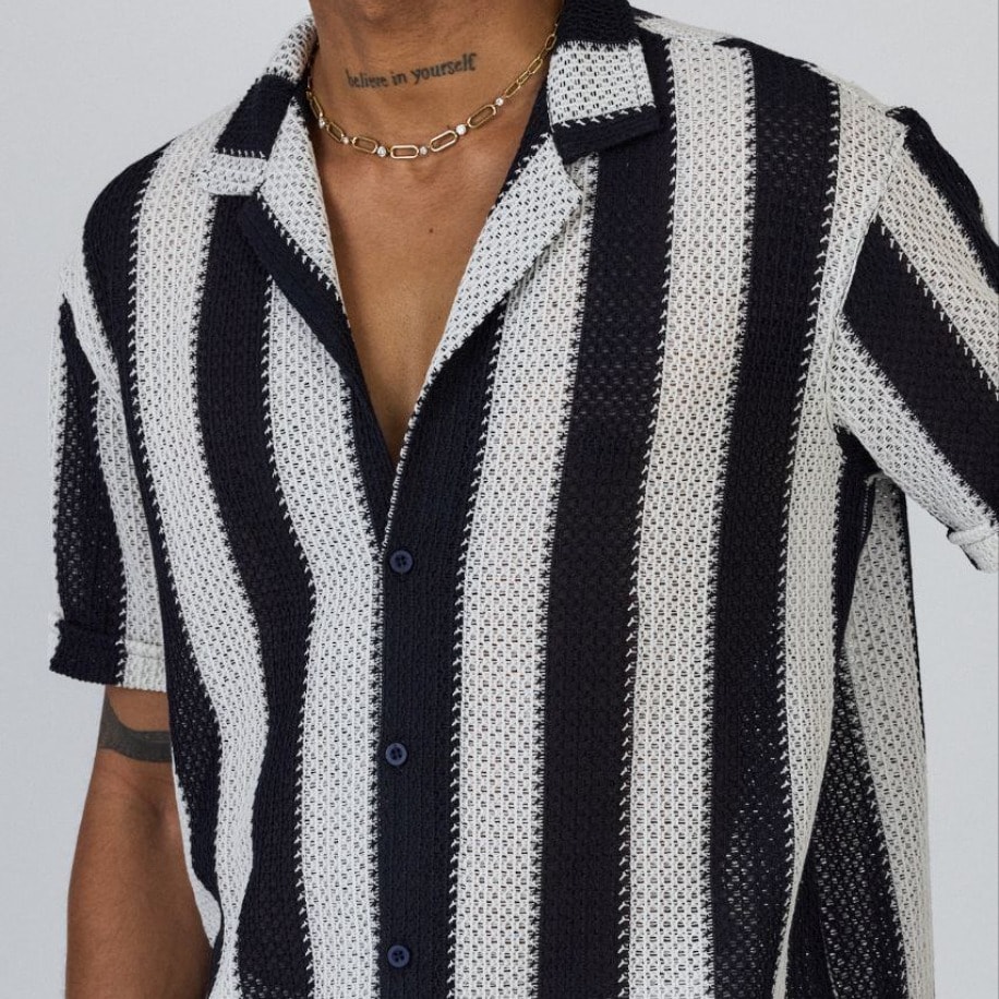 Siyah-Beyaz Blok Çizgili Örgü Dokulu Gömlek