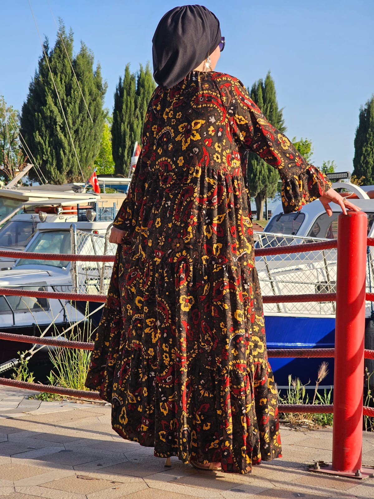 YEŞİL ŞAL DESEN ELBİSE