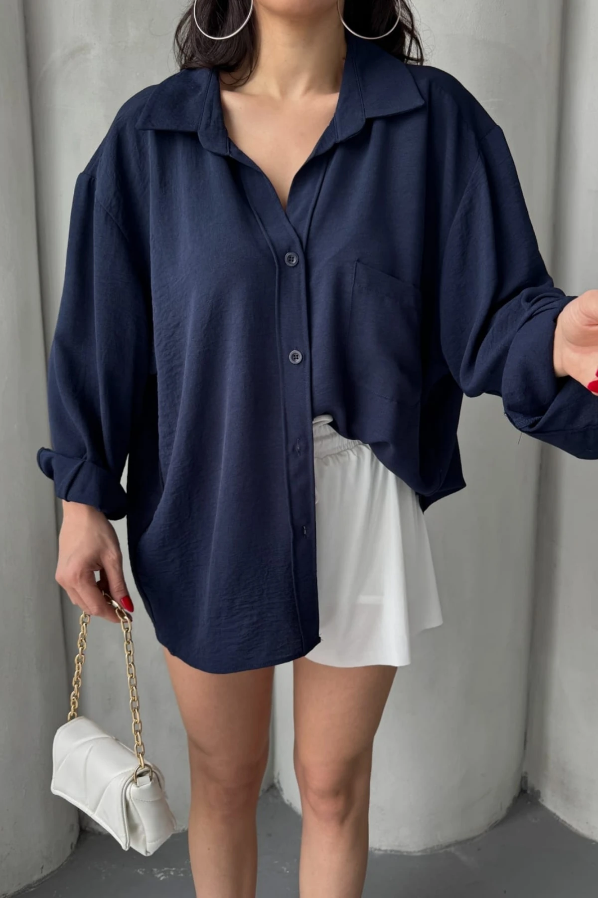 Önden Düğmeli Aerobin Kumaş Gömlek - Lacivert