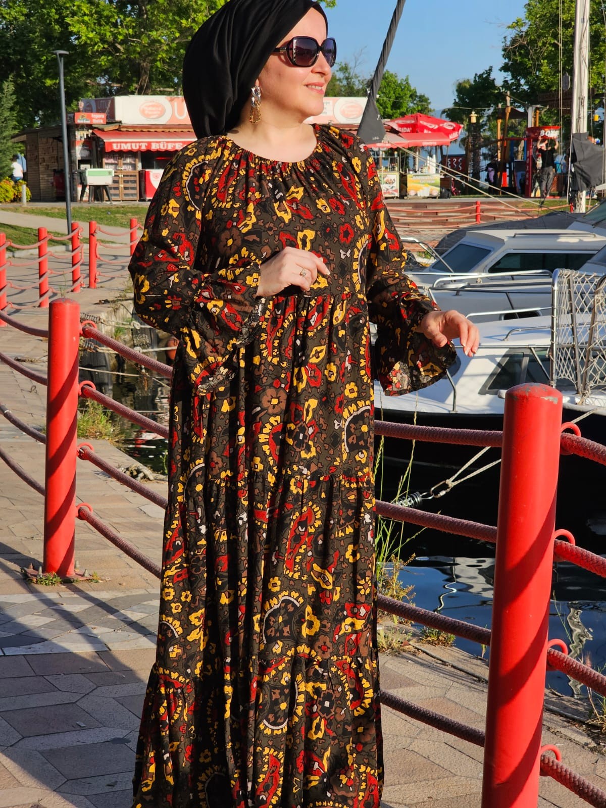 YEŞİL ŞAL DESEN ELBİSE