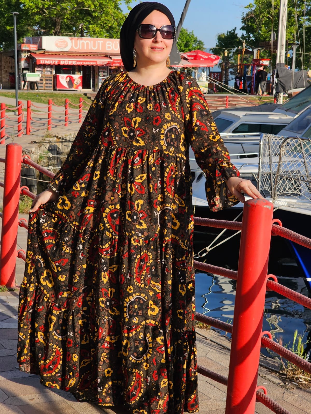 YEŞİL ŞAL DESEN ELBİSE