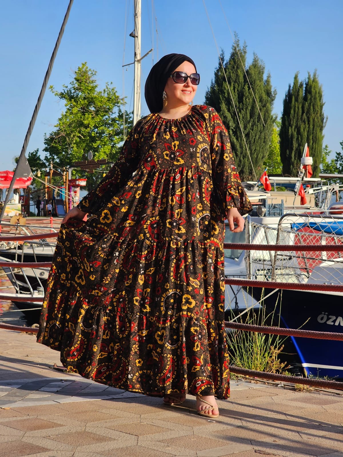YEŞİL ŞAL DESEN ELBİSE