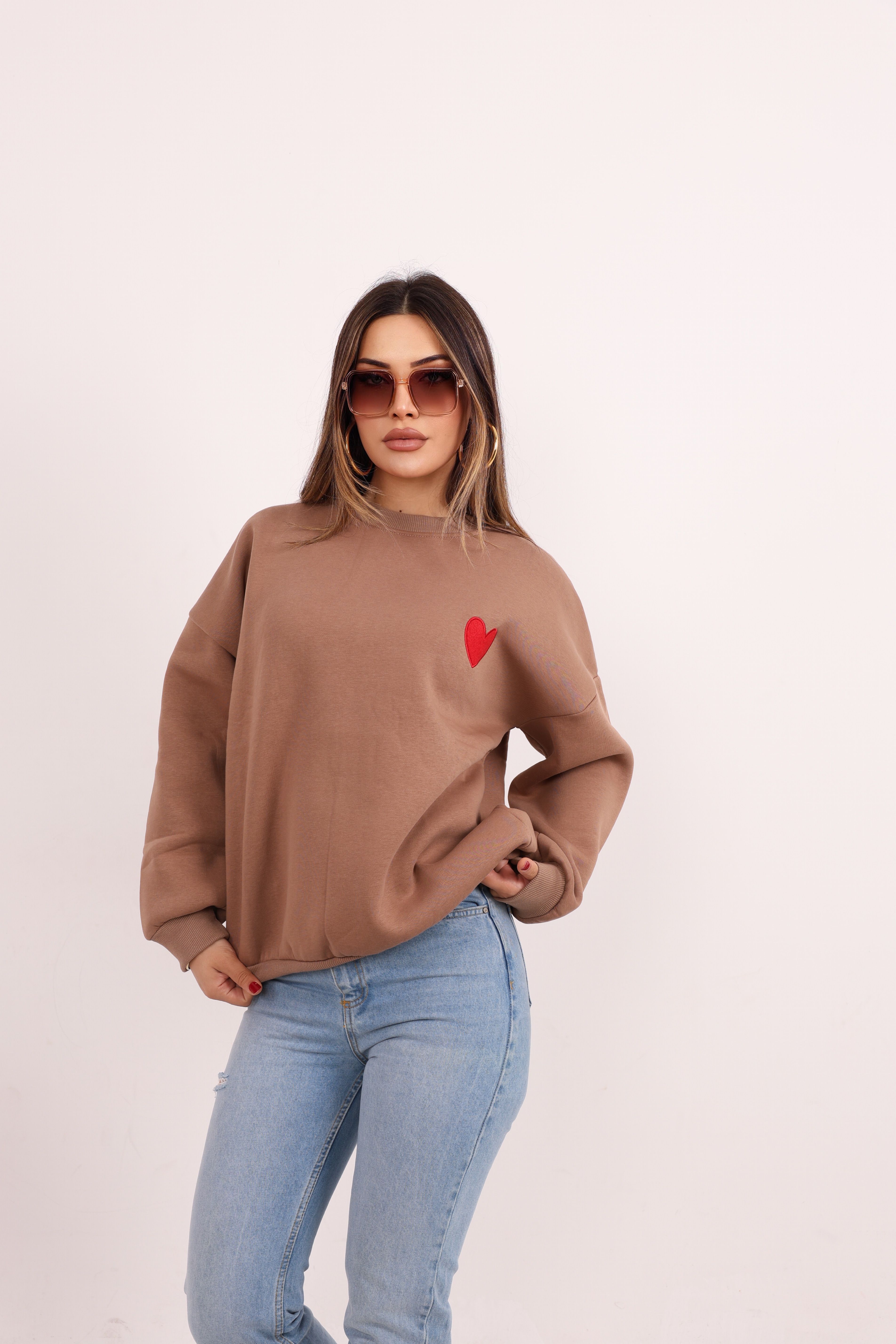 Kalp Detay Kahve Sweatshirt