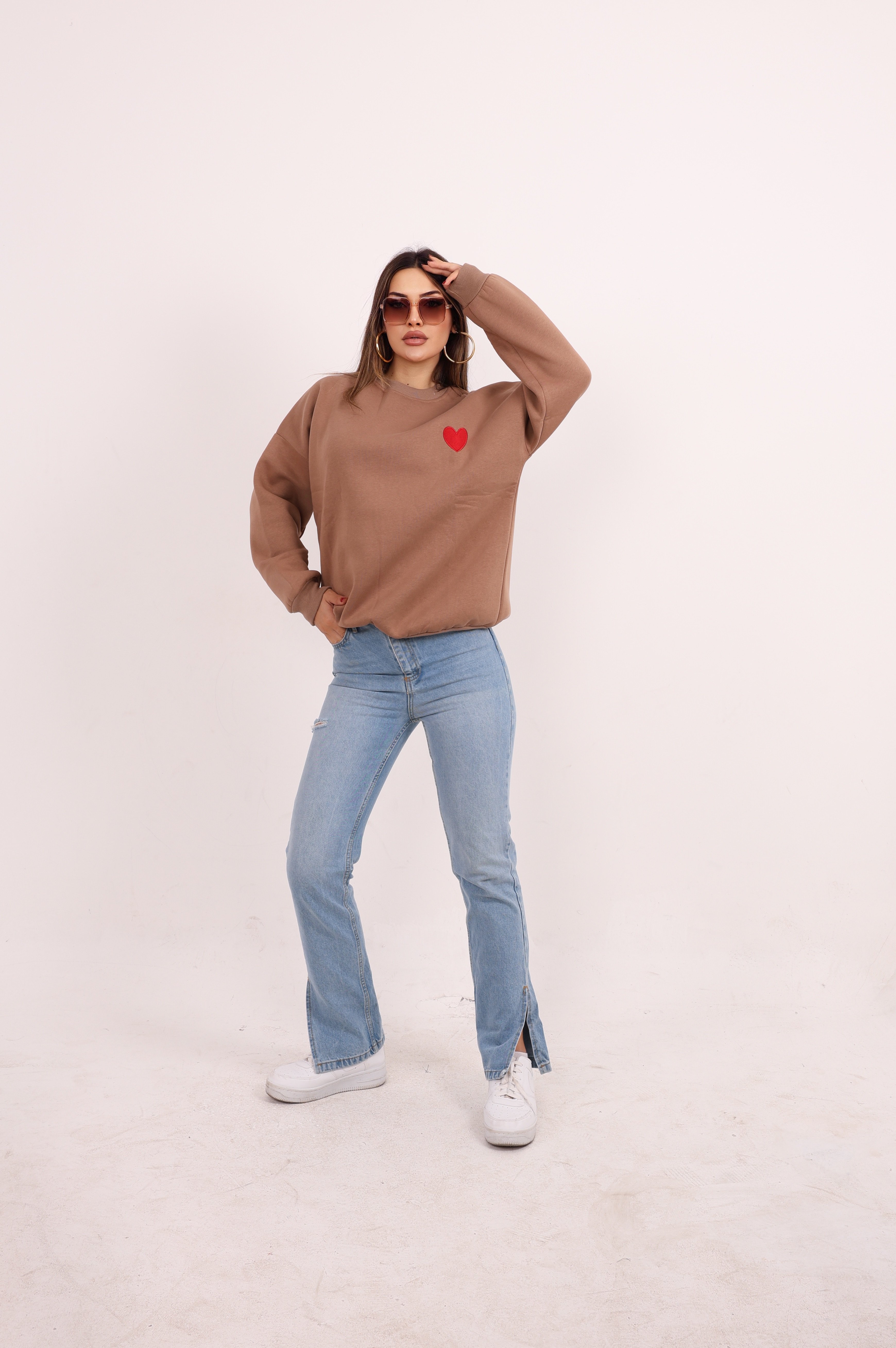 Kalp Detay Kahve Sweatshirt