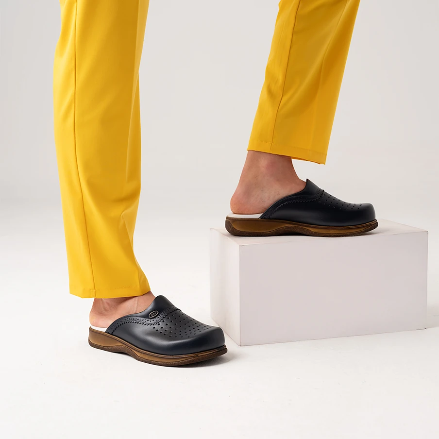 Lacivert Erkek Klasik Gold Deri Sabo Terlik (%100 HAKİKİ DERİ)