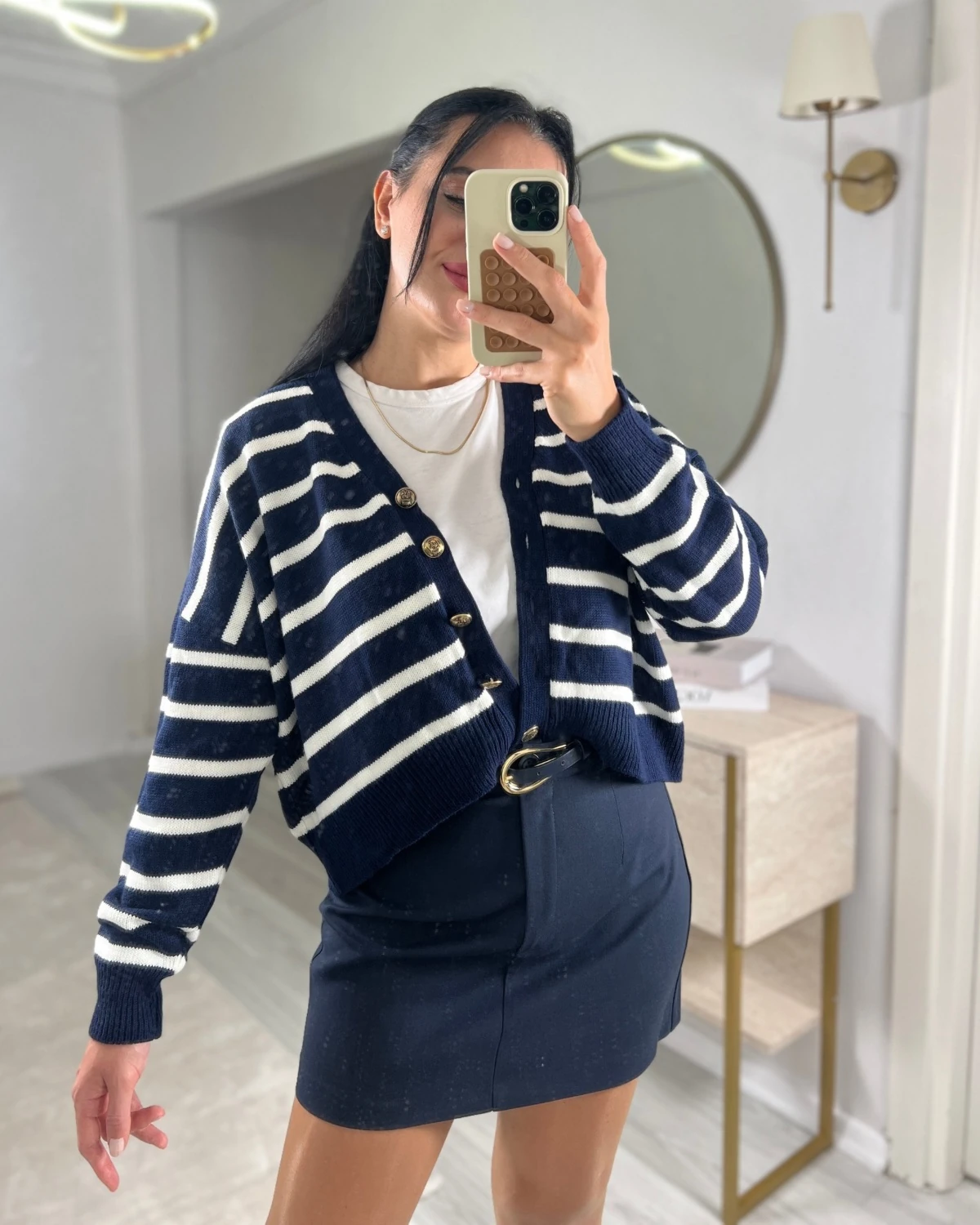 GOLD TOKALI KEMERLİ TOK KUMAŞ MİNİ ETEK  - Lacivert