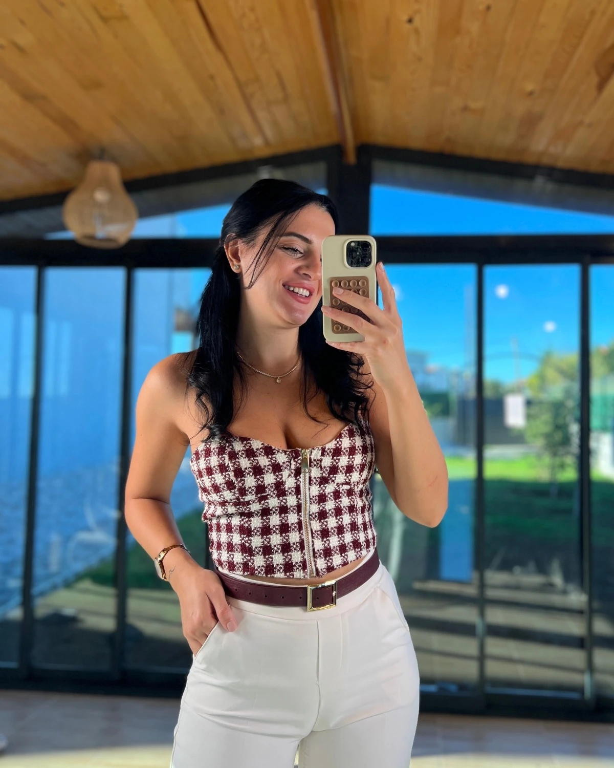 FERMUARLI ARKASI LASTİKLİ TÜVİT CROP - Bordo