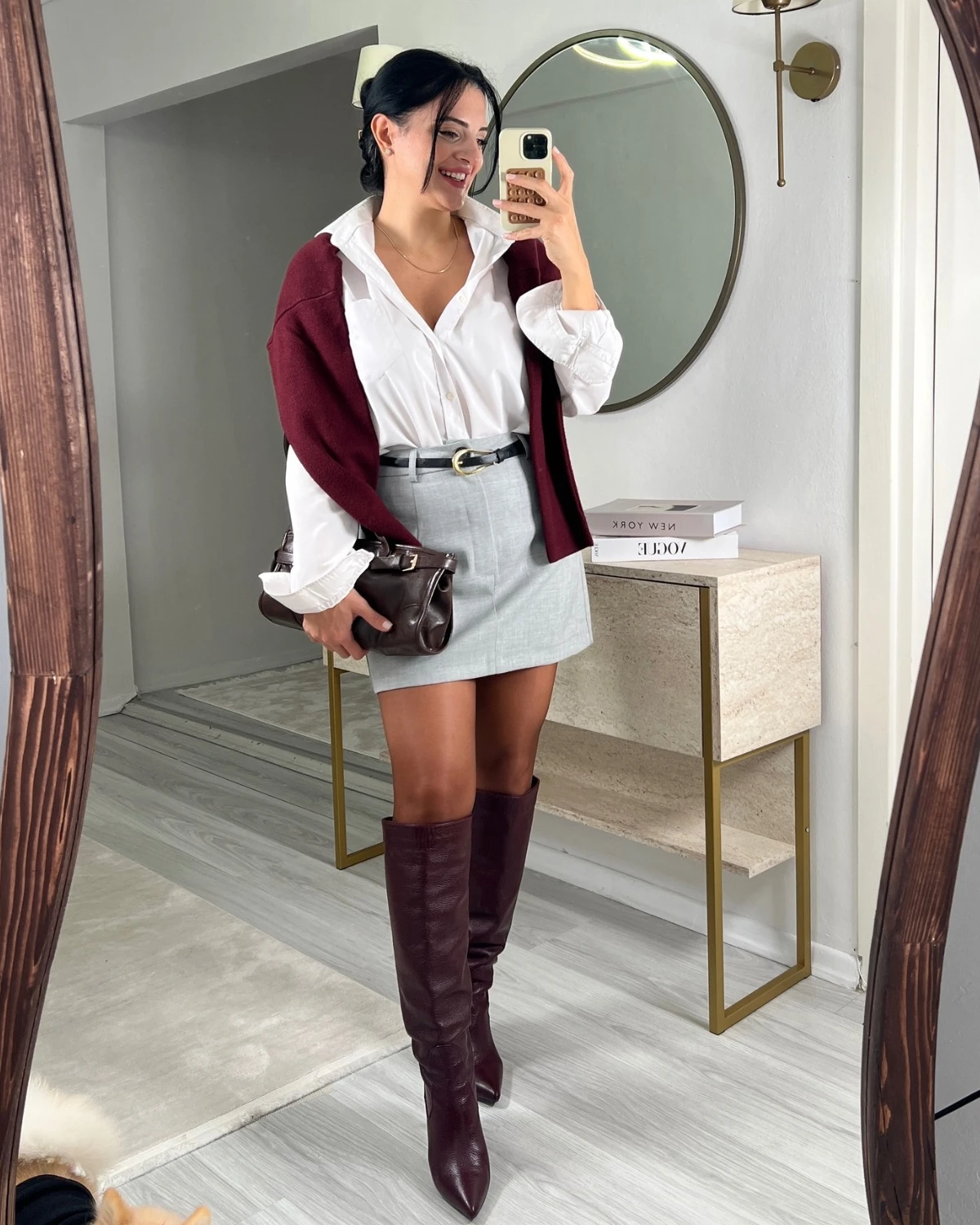 GOLD TOKALI KEMERLİ TOK KUMAŞ MİNİ ETEK  - Gri