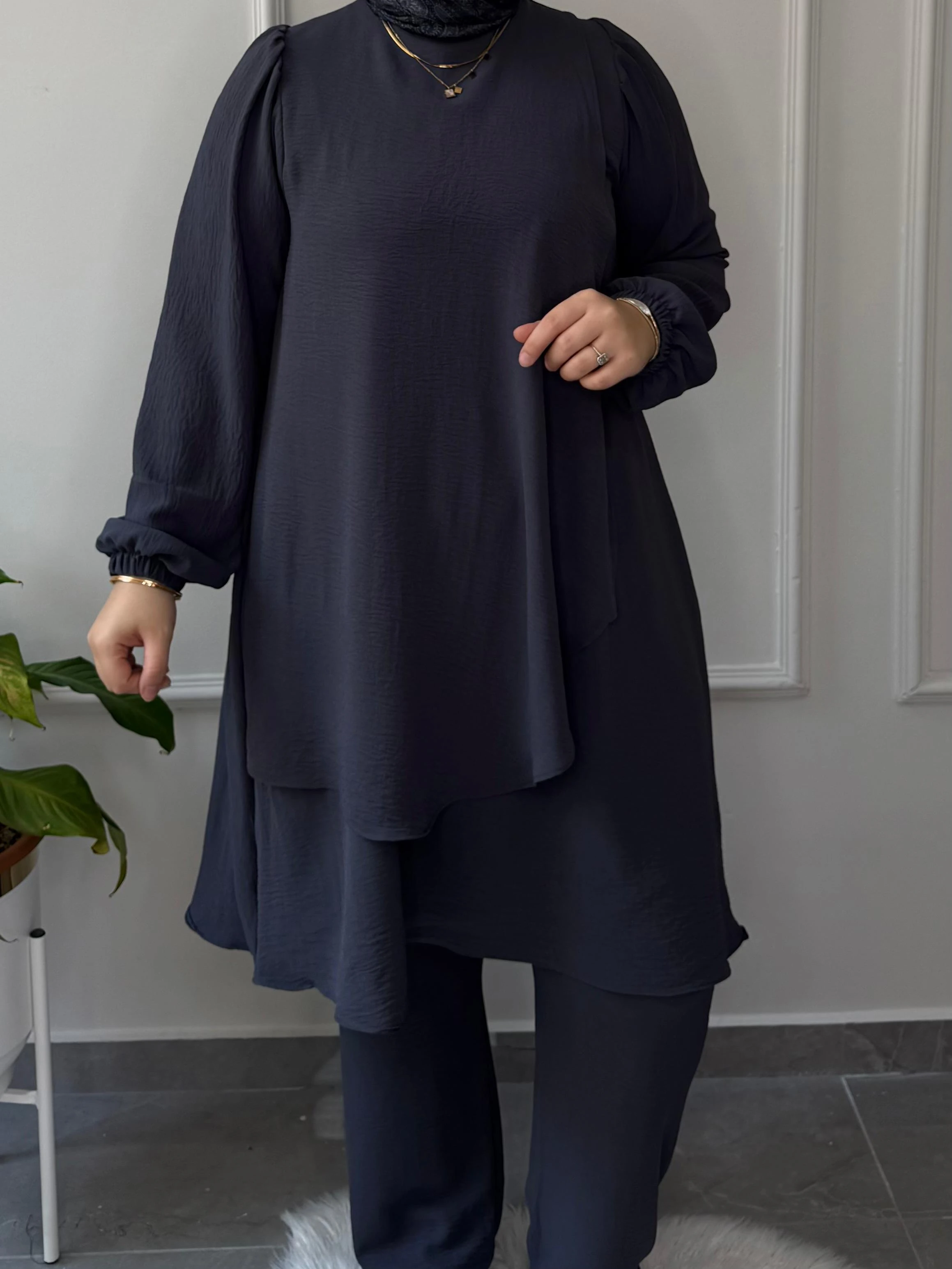 AFİFE MARKA BÜYÜK BEDEN UYUMLU AEROBİN KUMAŞ ÖN ARKA PELERİN TUNİK PANTOLON TAKIM