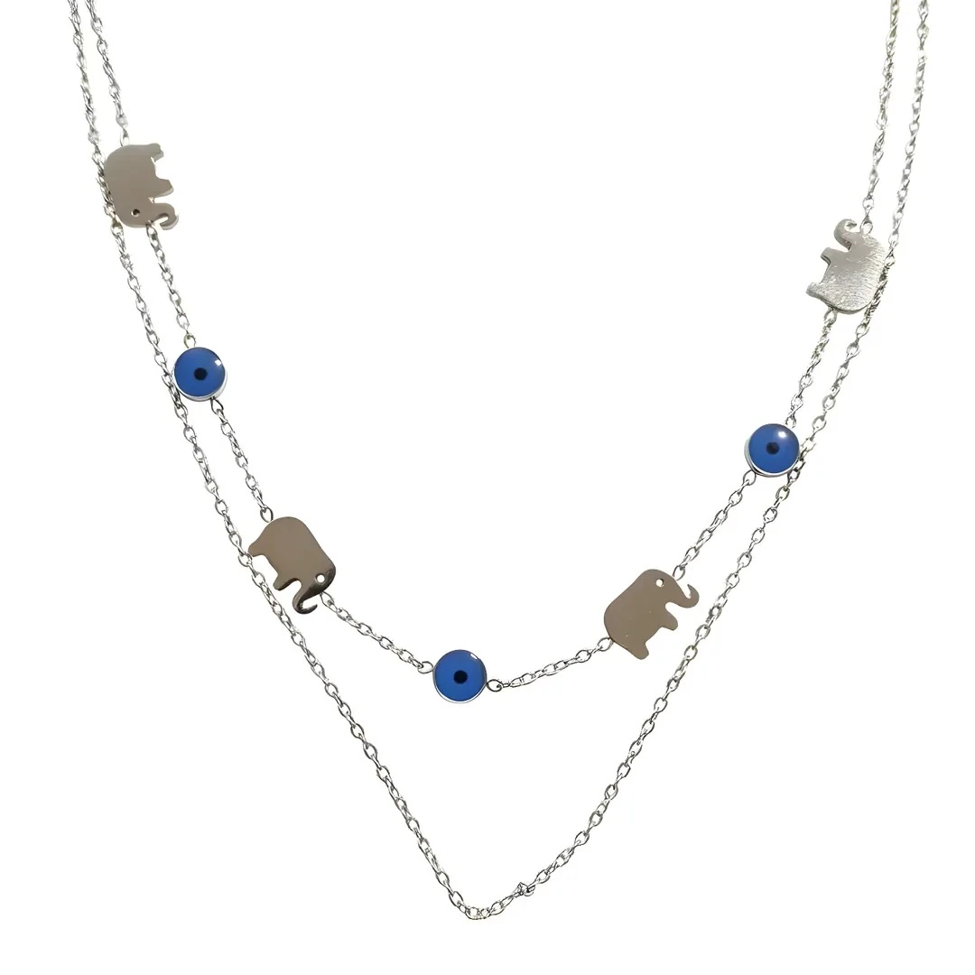 Çift Zincirli Fil Detaylı Kolye