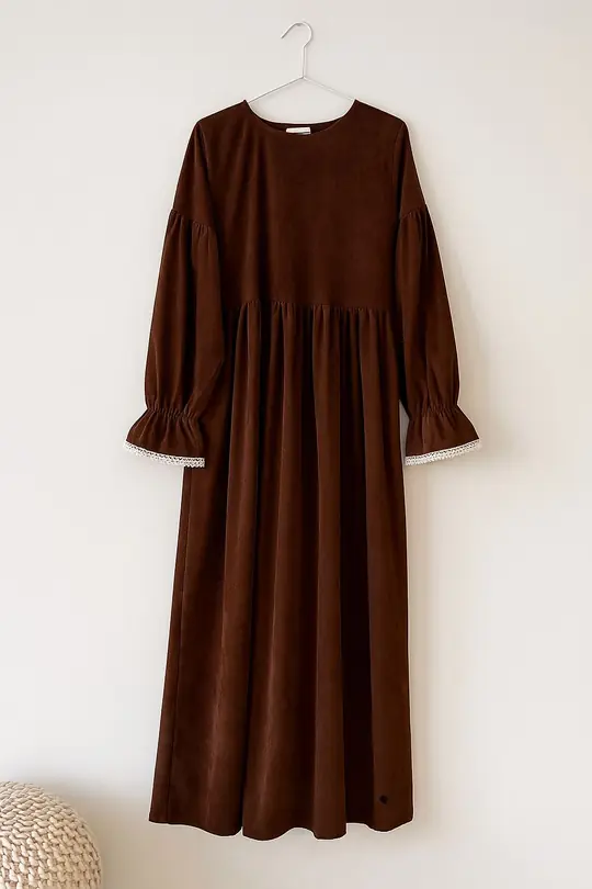 0015 kolu dantelli elbise  - Kahverengi