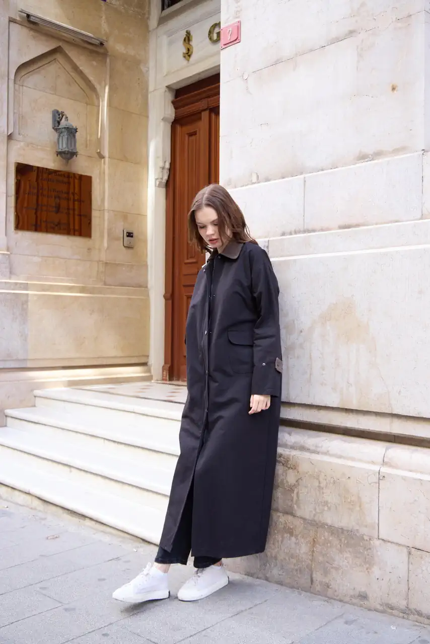 007-kadife yakalı trenç - Siyah