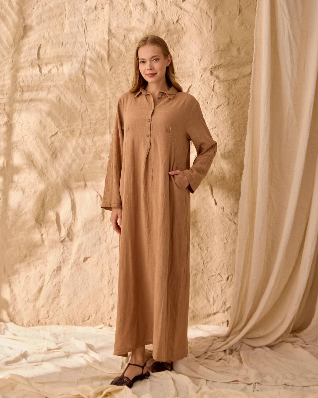 0048 KETEN ELBİSE - Camel