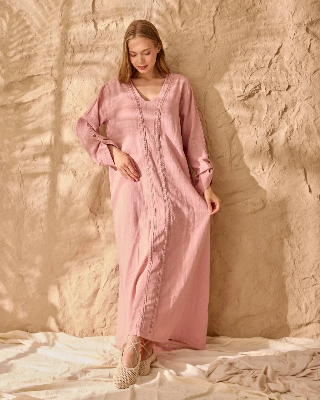 V YAKA KETEN ELBİSE  - pembe