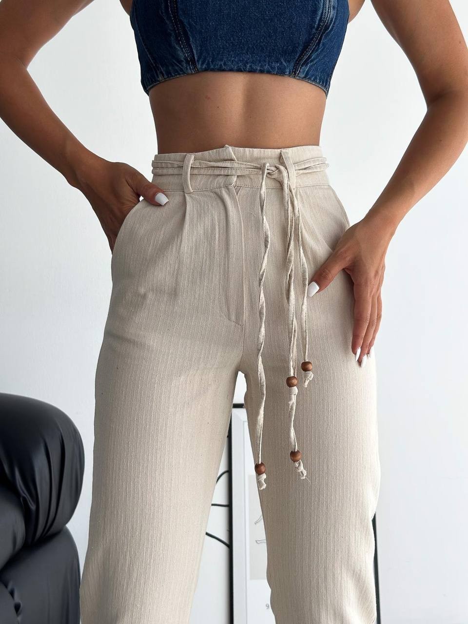 Belden Bağlamalı Keten Pantolon 