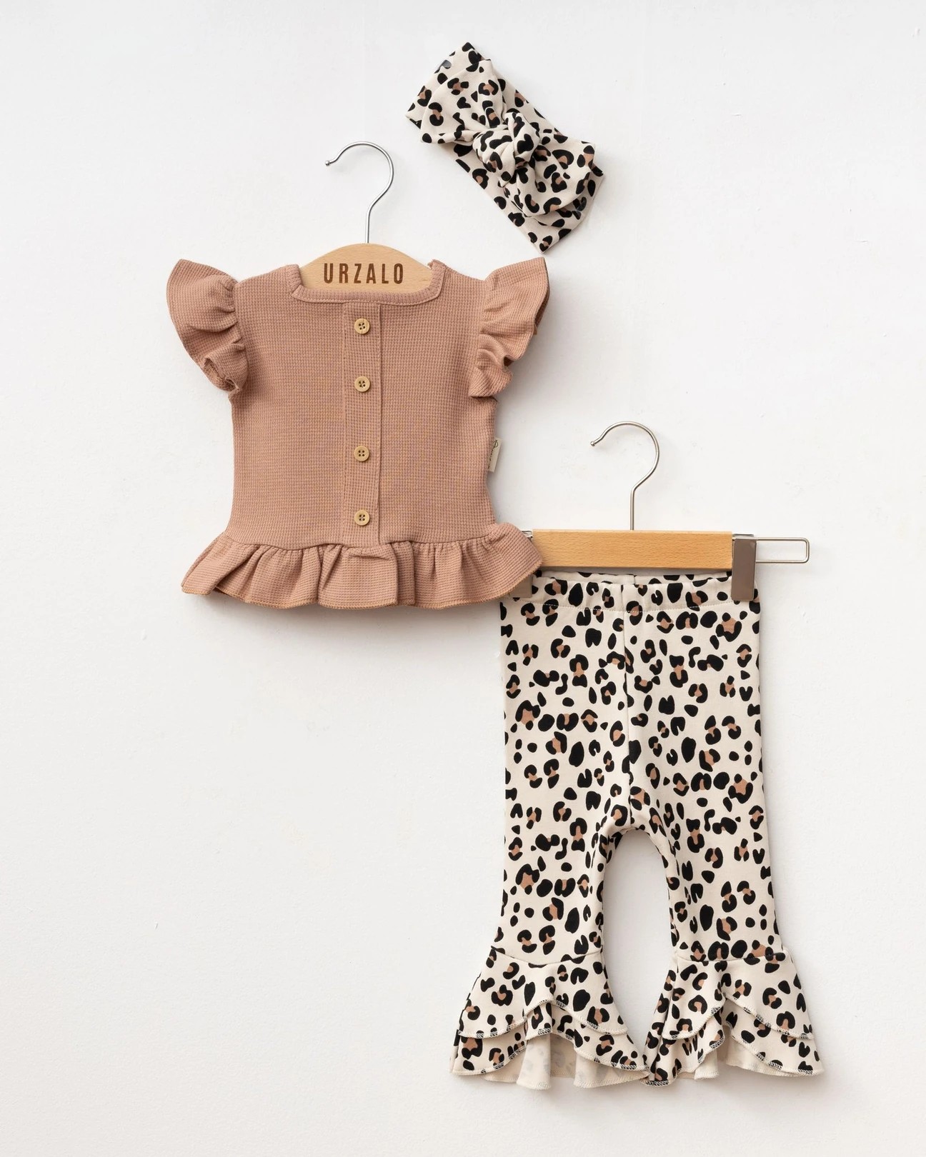Kız Bebek Bej Leoparlı Bandanalı 3lü Takım