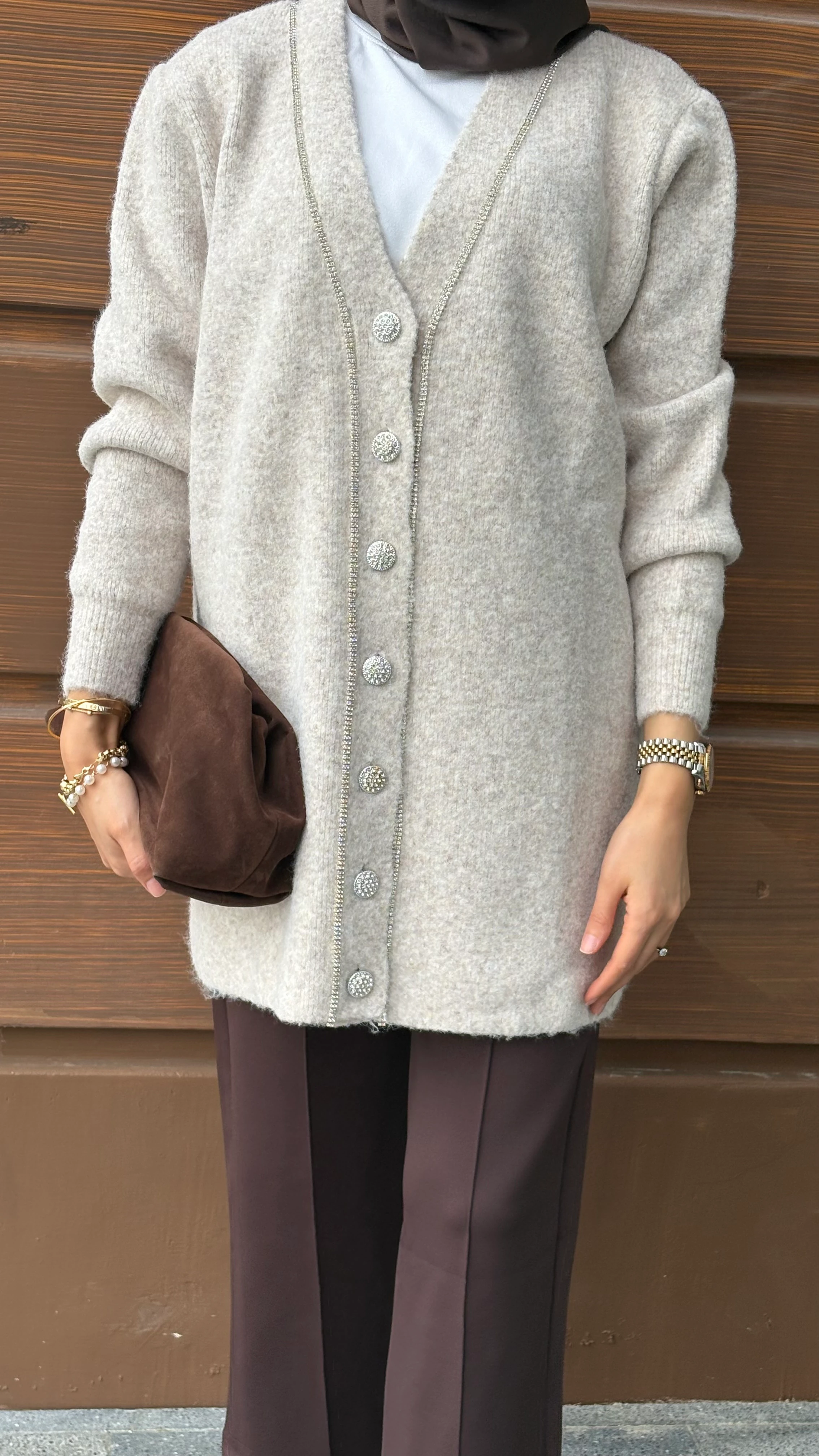 Zincir Detaylı Uzun Hırka Krem 