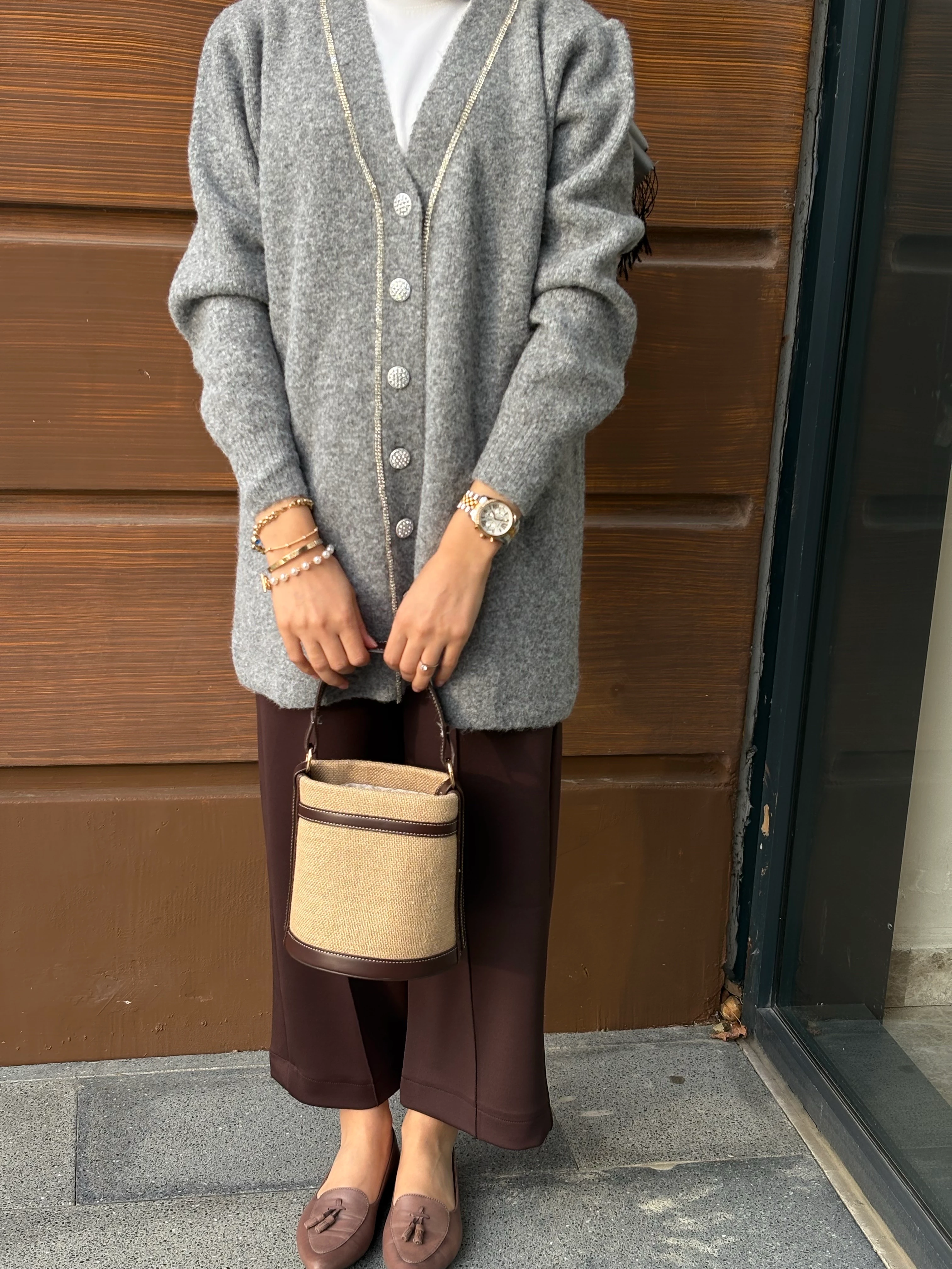 Zincir Detaylı Uzun Hırka Gri