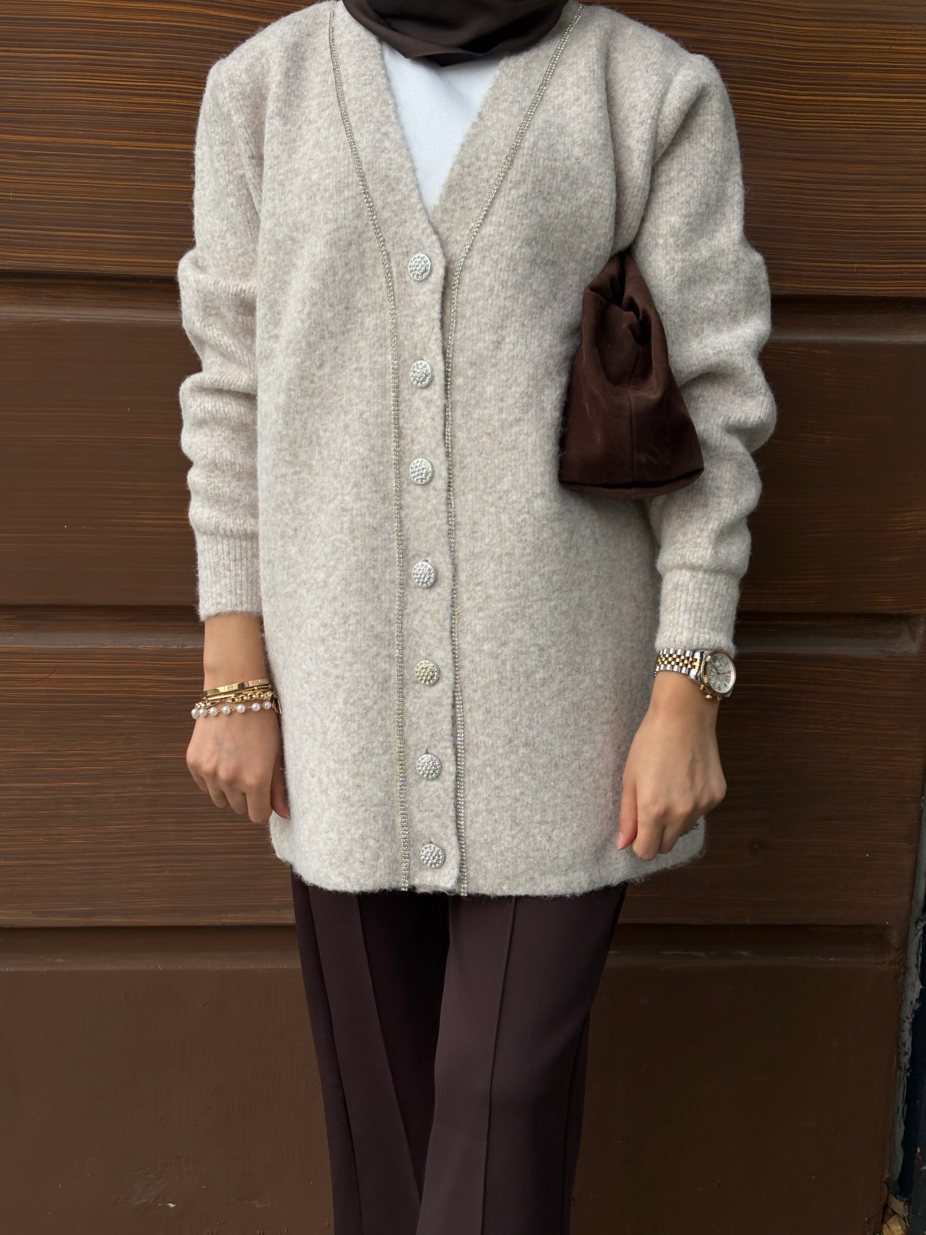 Zincir Detaylı Uzun Hırka Krem 