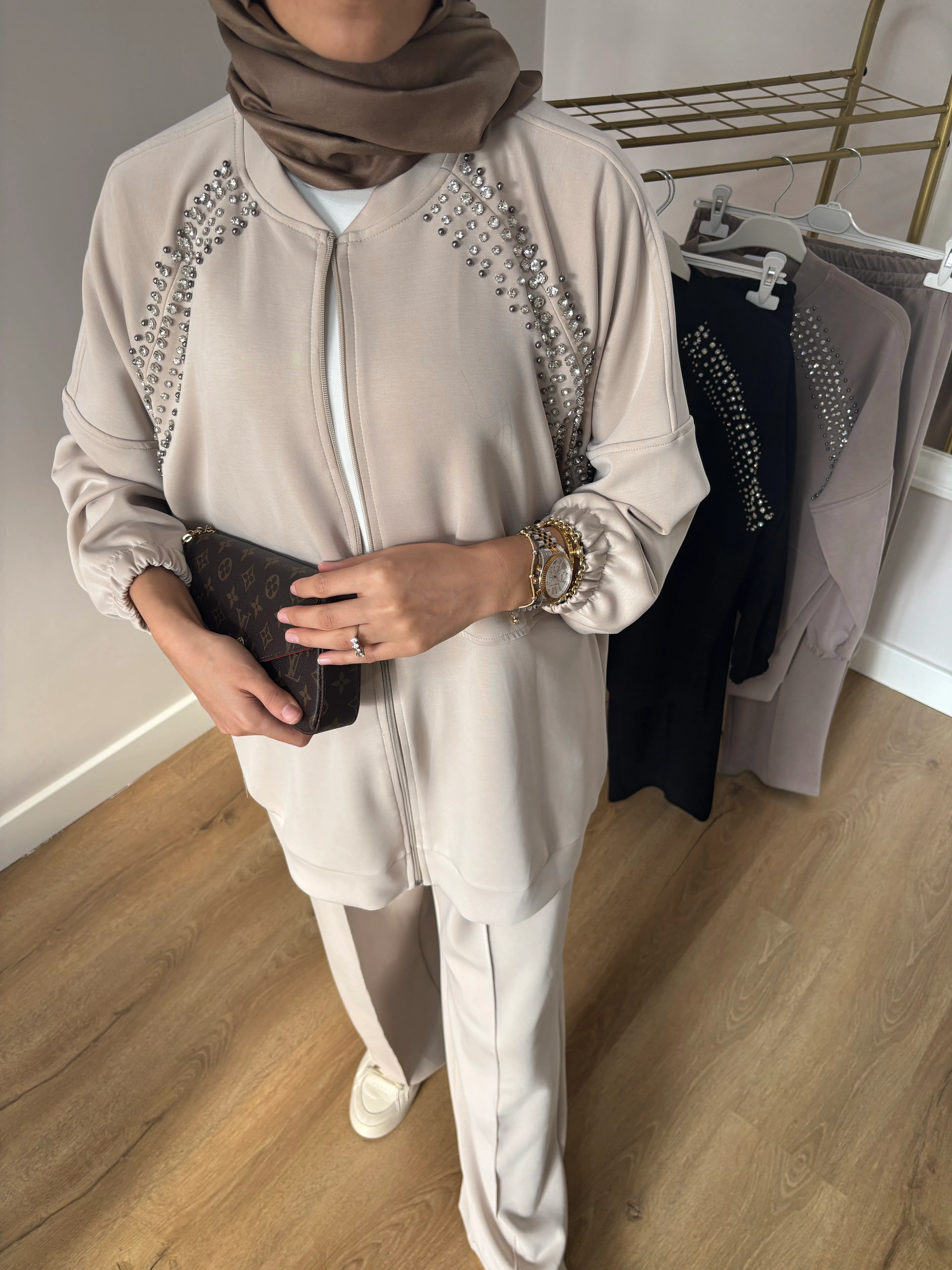 Taşlı Bomber Oysho Takım- Krem