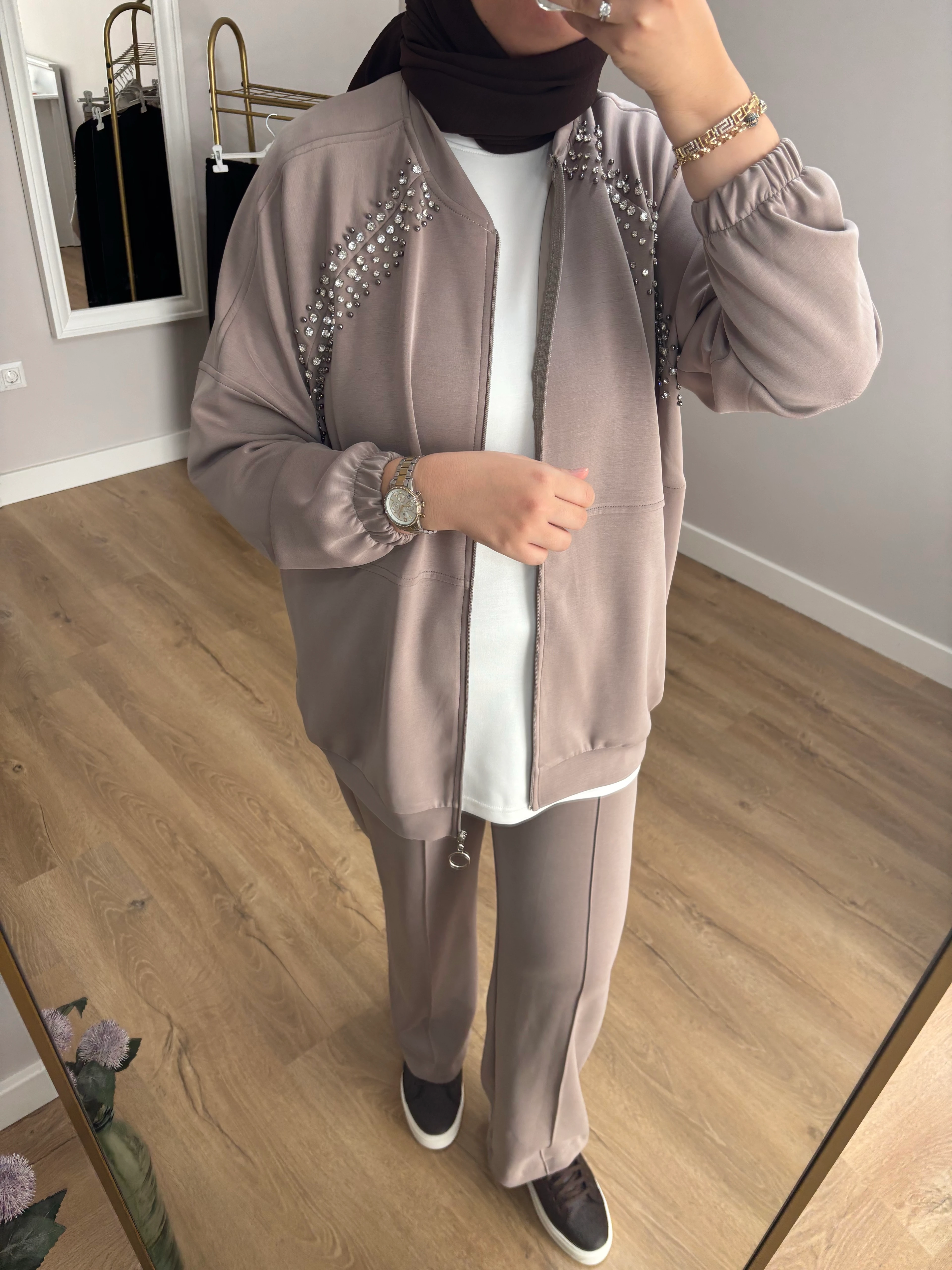 Taşlı Bomber Oysho Takım - Vizon