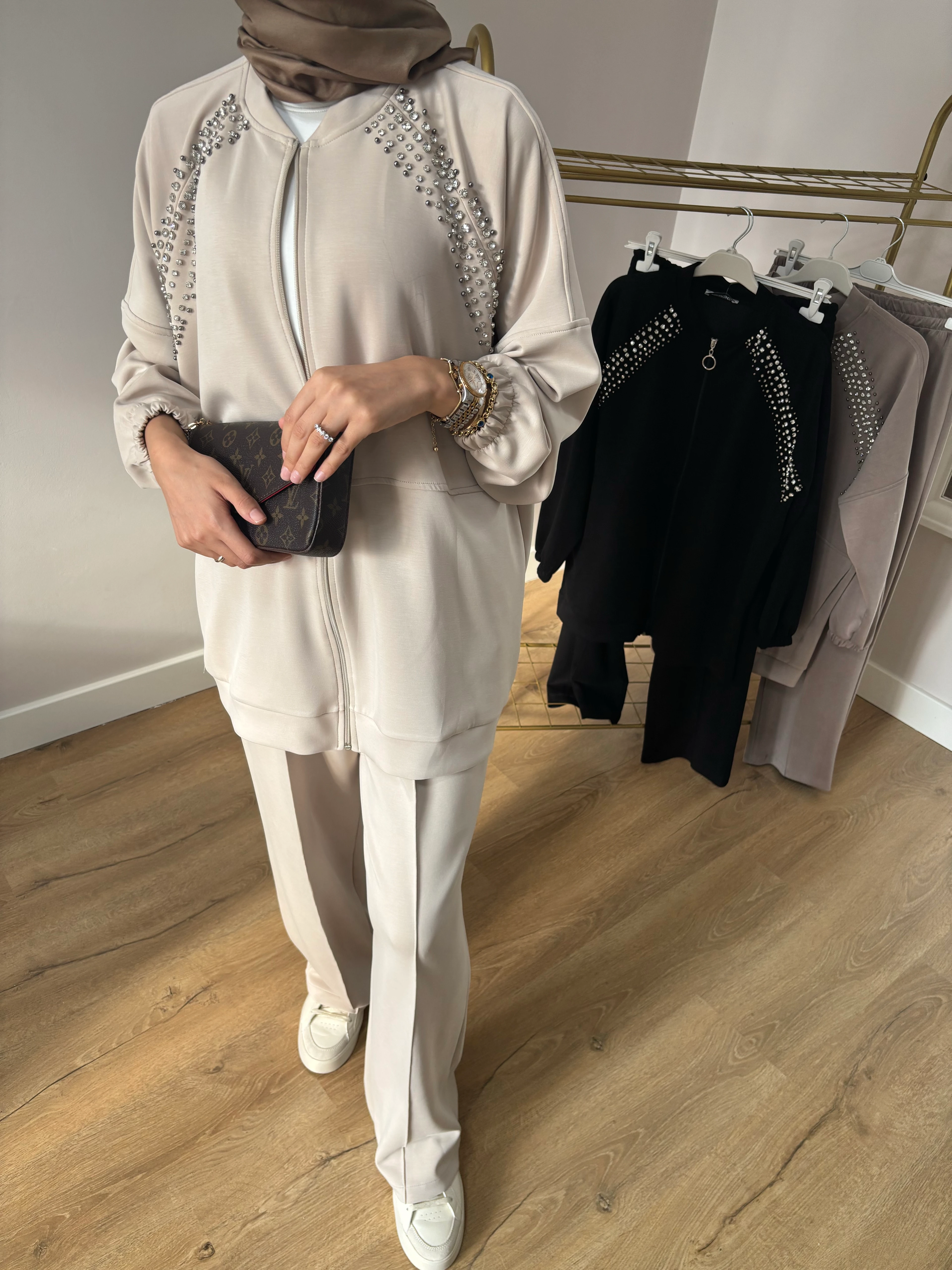 Taşlı Bomber Oysho Takım- Krem