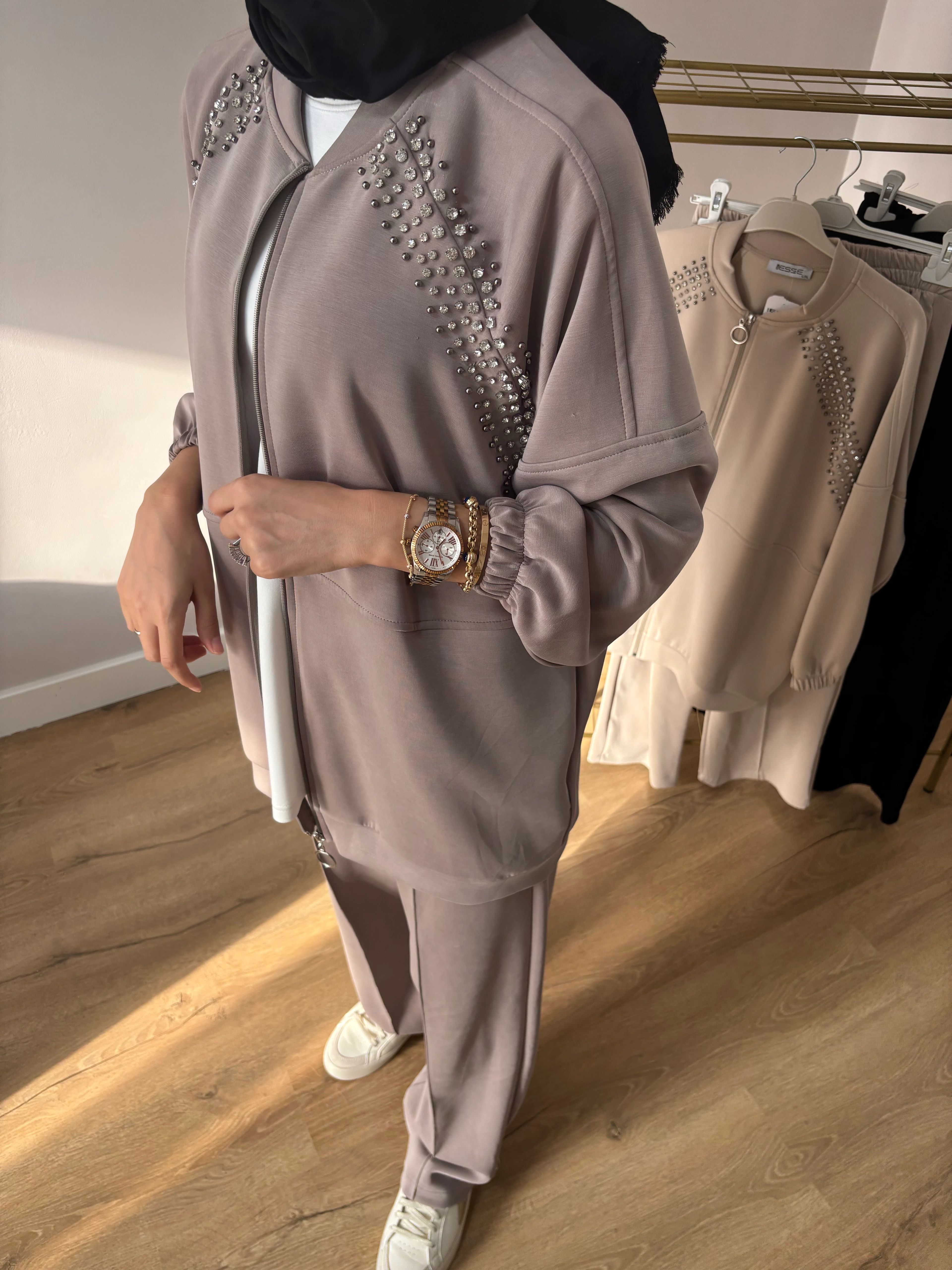 Taşlı Bomber Oysho Takım - Vizon