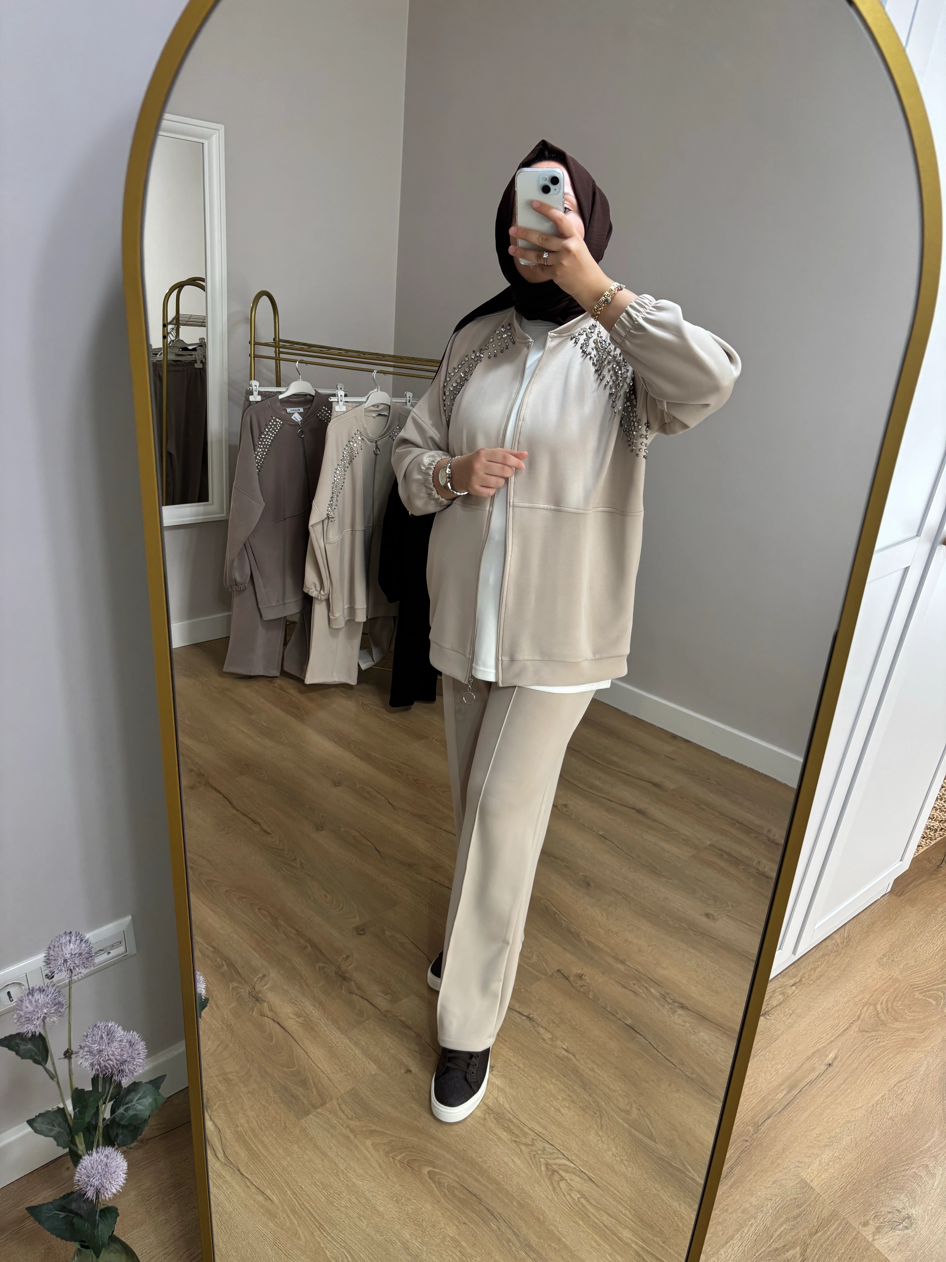 Taşlı Bomber Oysho Takım- Krem