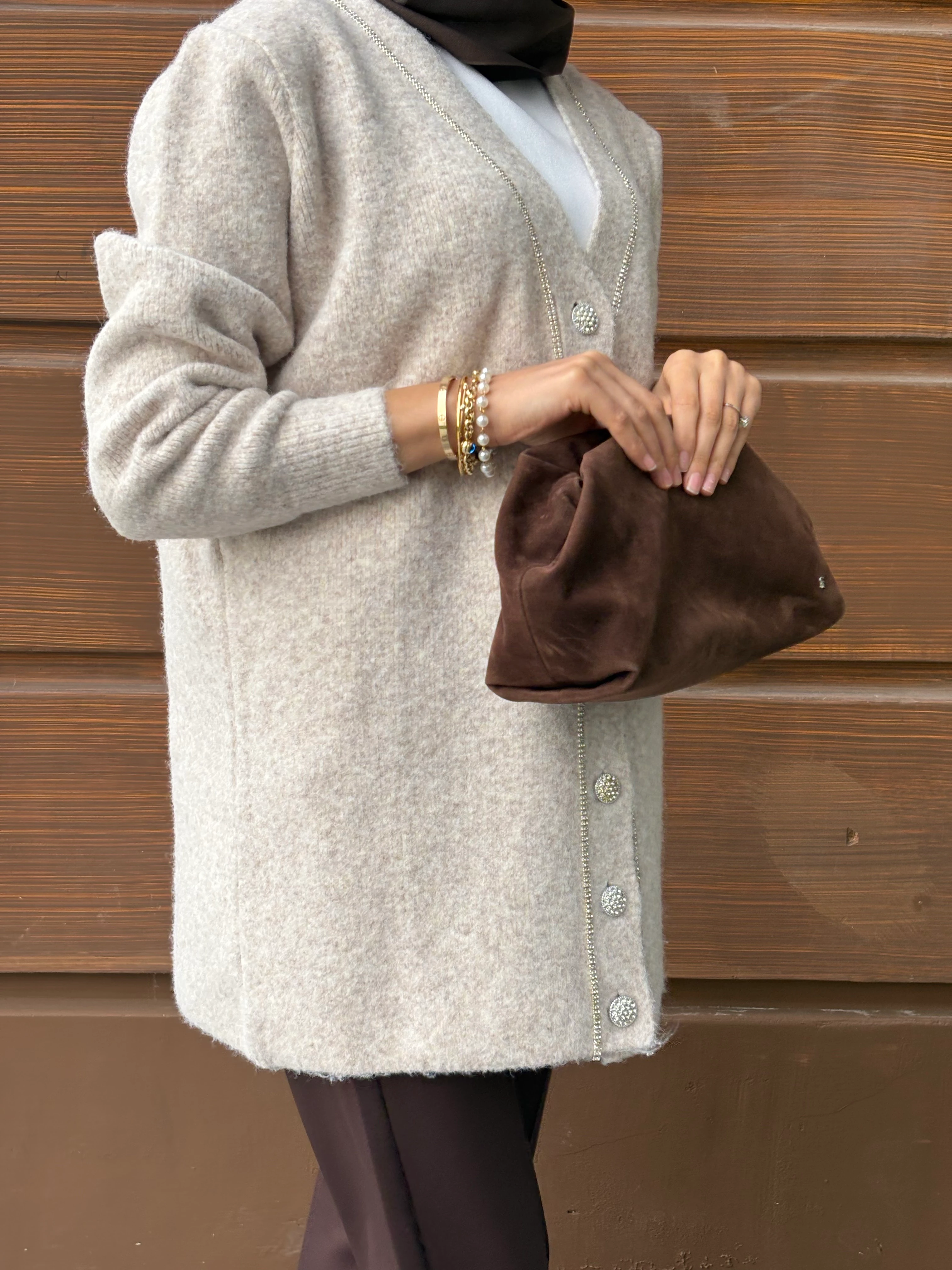 Zincir Detaylı Uzun Hırka Krem 