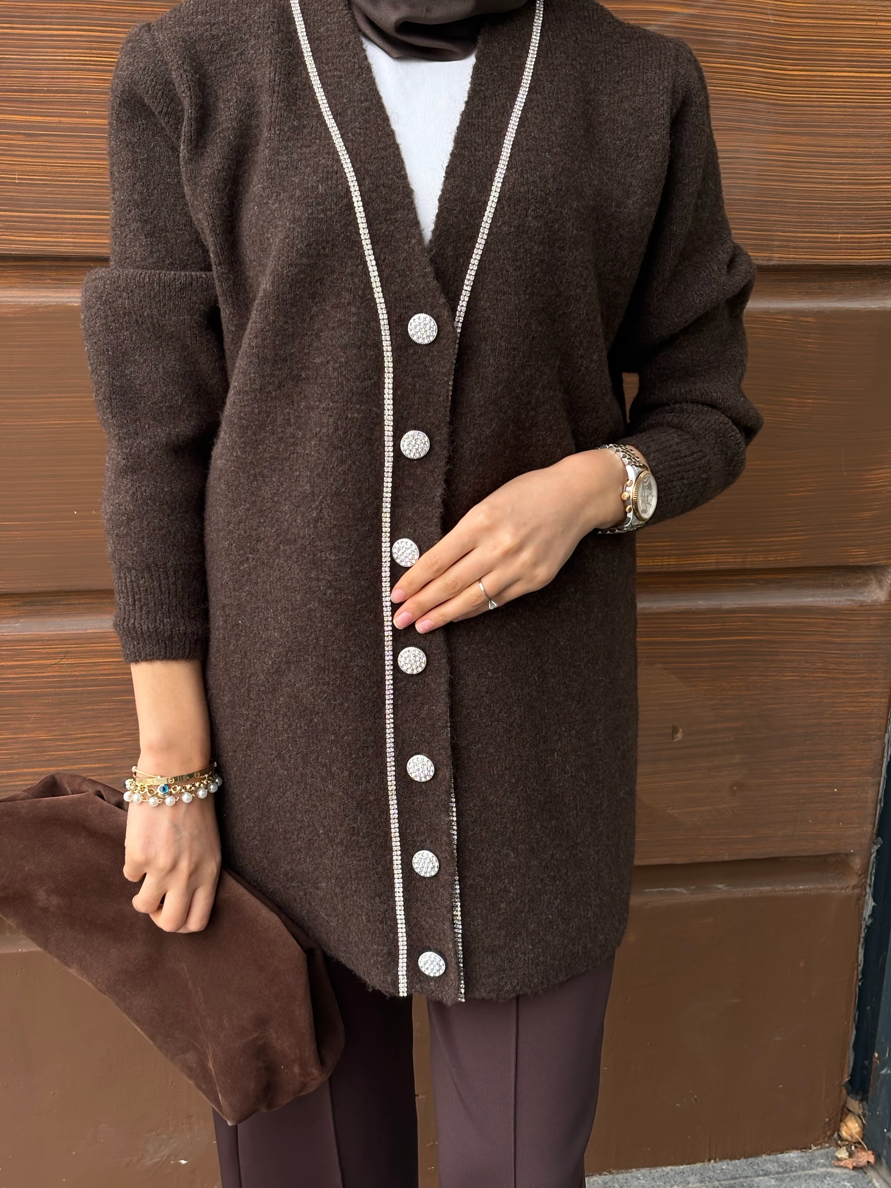 Zincir Detaylı Uzun Hırka Kahve