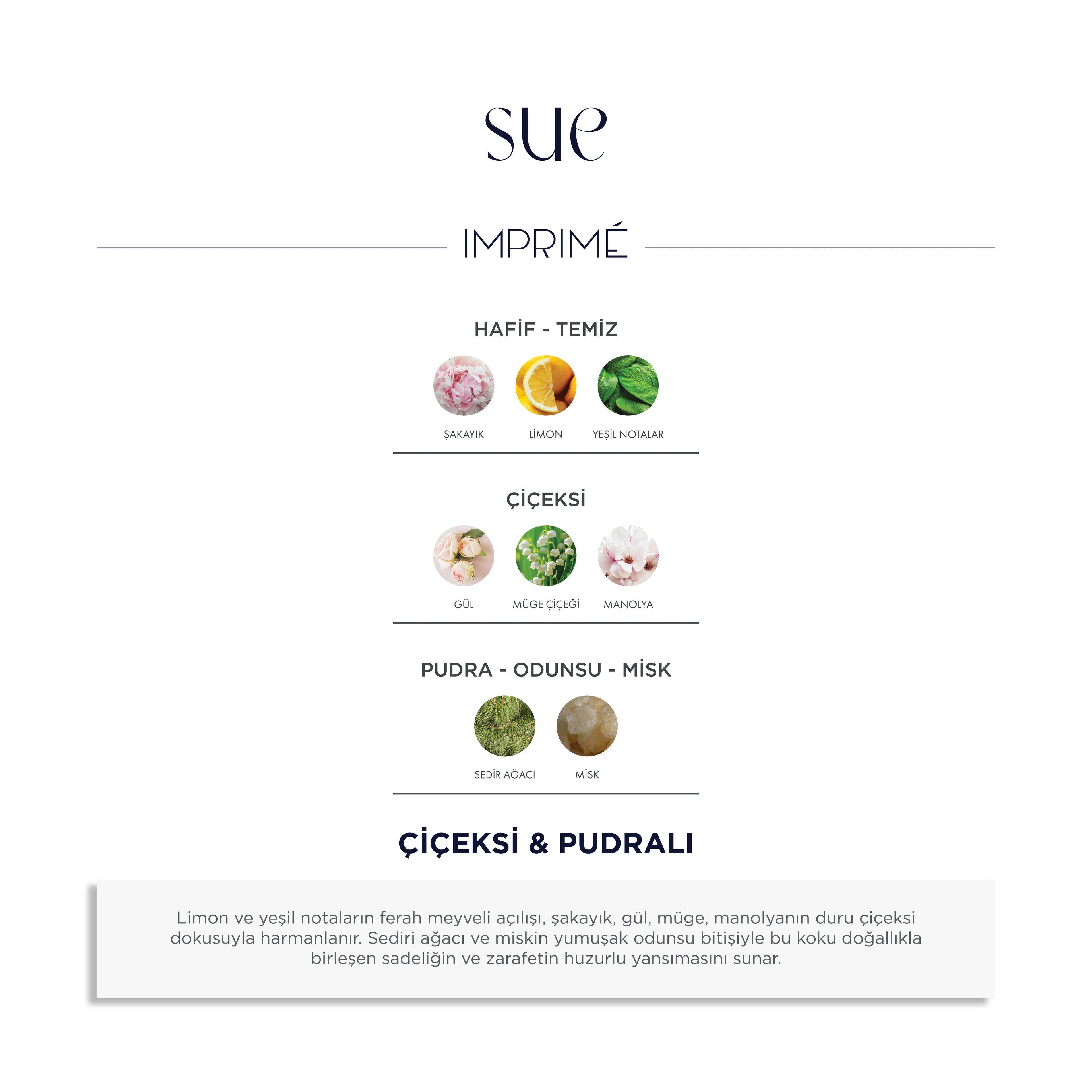 Imprime Sue EDP Kadın Parfüm 50ml | Çiçeksi & Pudralı | Şakayık, Limon, Gül, Müge, Manolya, Misk