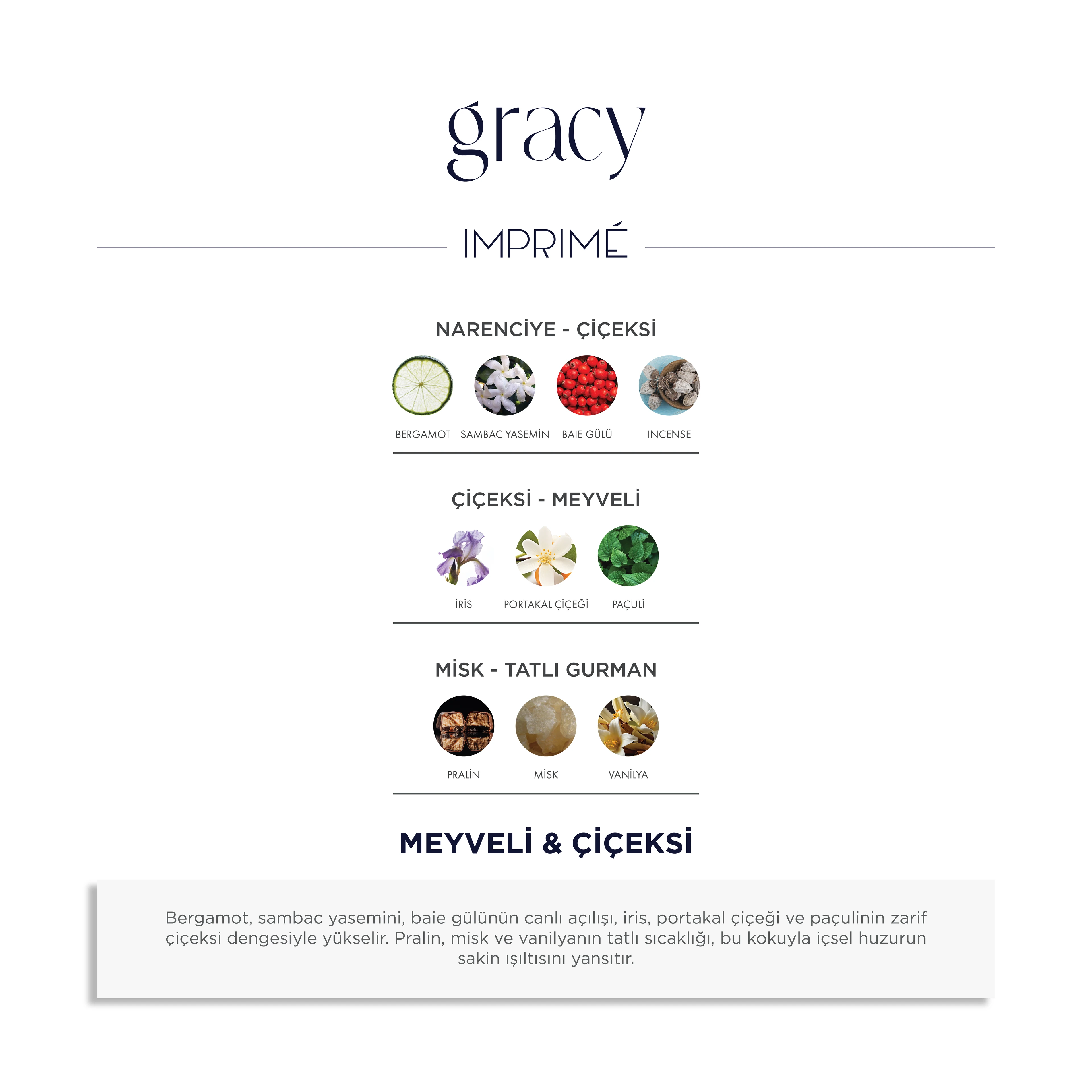 Imprime Gracy EDP Kadın Parfüm 50ml | Meyveli & Çiçeksi | Bergamot, İris, Portakal Çiçeği, Pralin, Vanilya