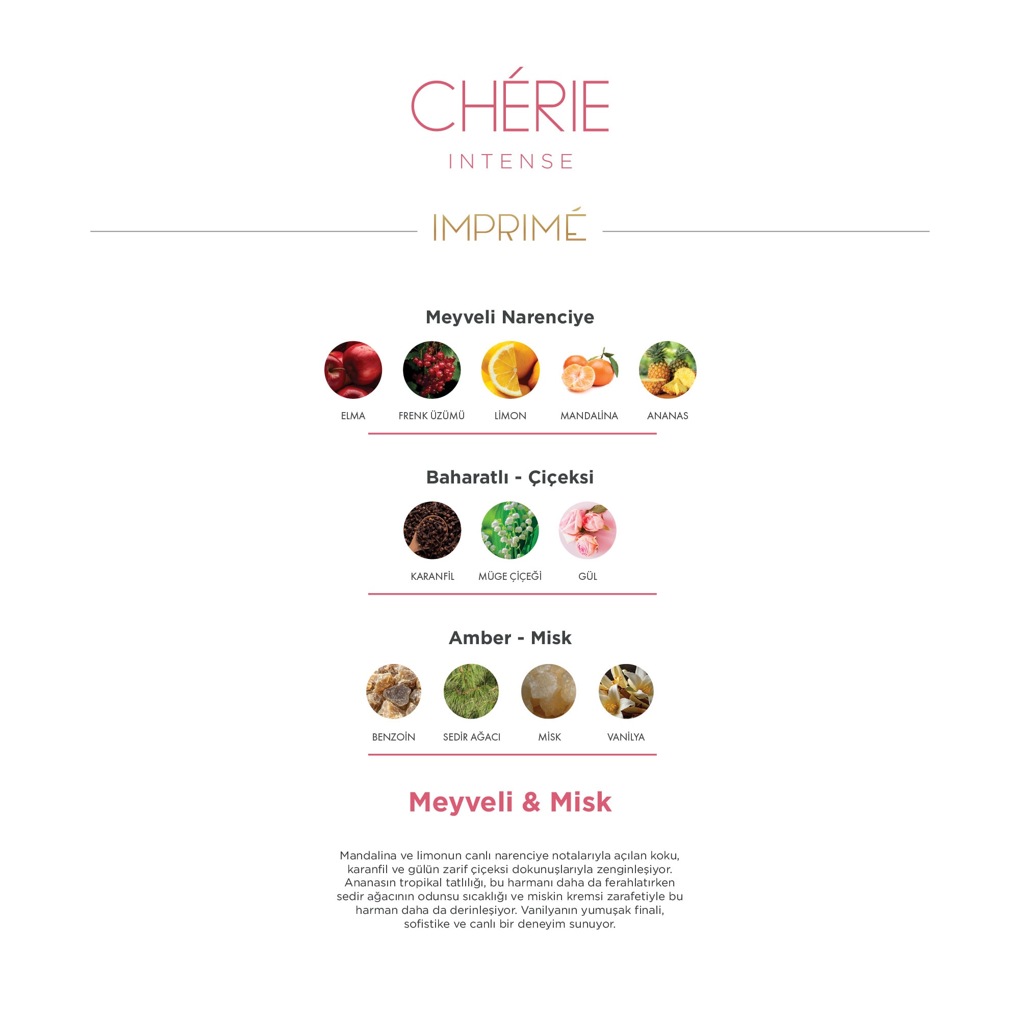Chérie Intense EDP Kadın Parfüm 50ml | Meyveli & Misk | Elma, Mandalina, Gül, Müge, Vanilya, Misk 