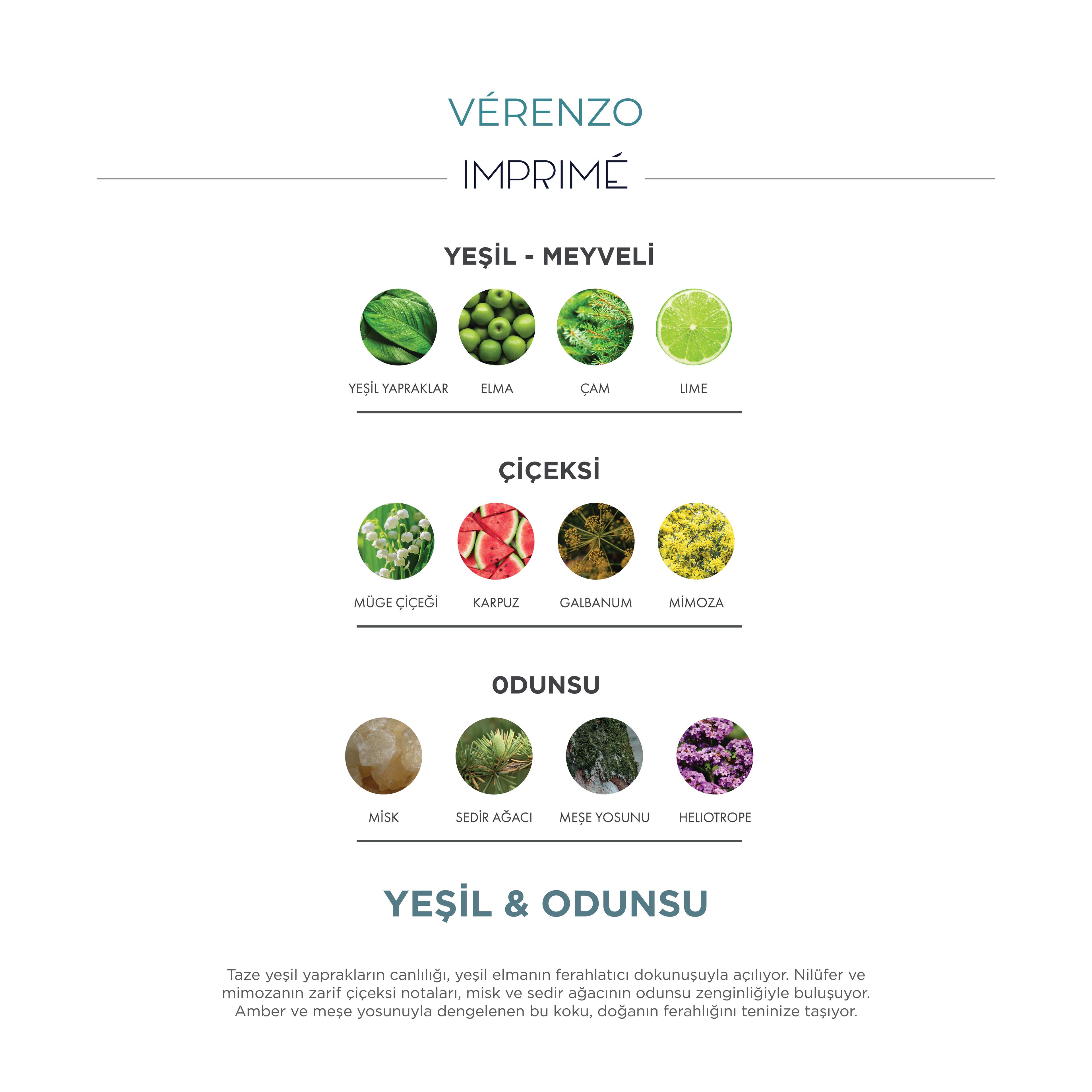 Vérenzo EDP 100 ml Parfüm | Yeşil Odunsu | Elma, Lime, Mimoza, Karpuz, Sedir, Çam, Misk