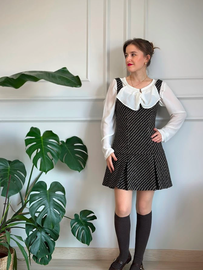 Kahverengi Ekose Kumaş Kalın Pileli Elbise