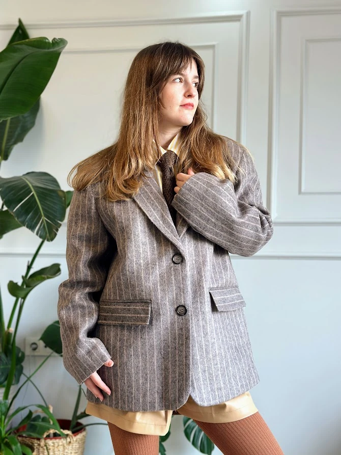 Hardal Çizgili Gri Renk Kalın Blazer Kaban