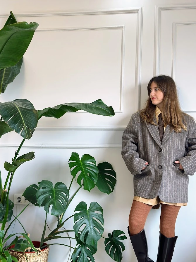 Hardal Çizgili Gri Renk Kalın Blazer Kaban