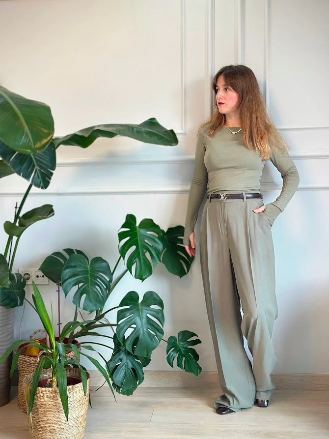 Haki Renk Tensel Kumaş Palazzo Pantolon