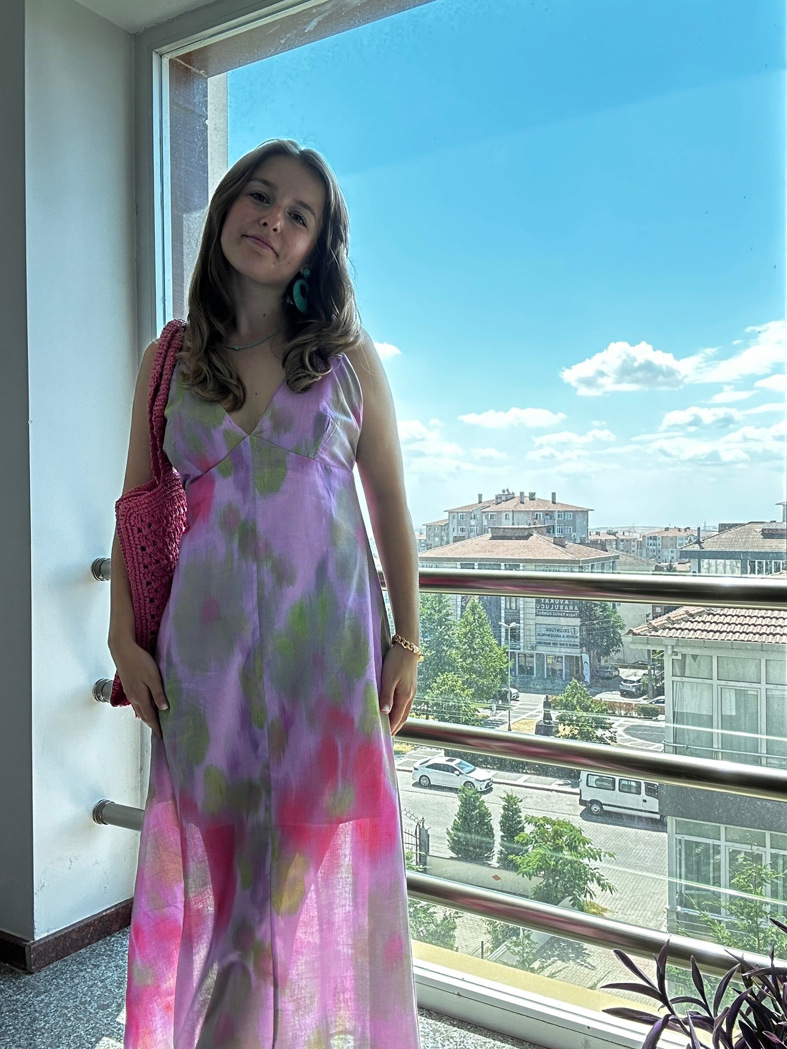 batik desenli astarlı ip askılı maxi boy keten elbise