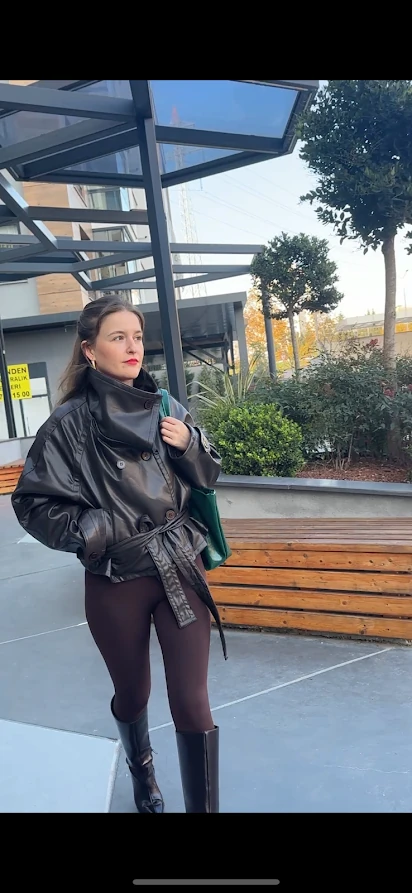 Acı Kahve Suni Deri Bağlamalı Ve Yaka Detaylı Ceket